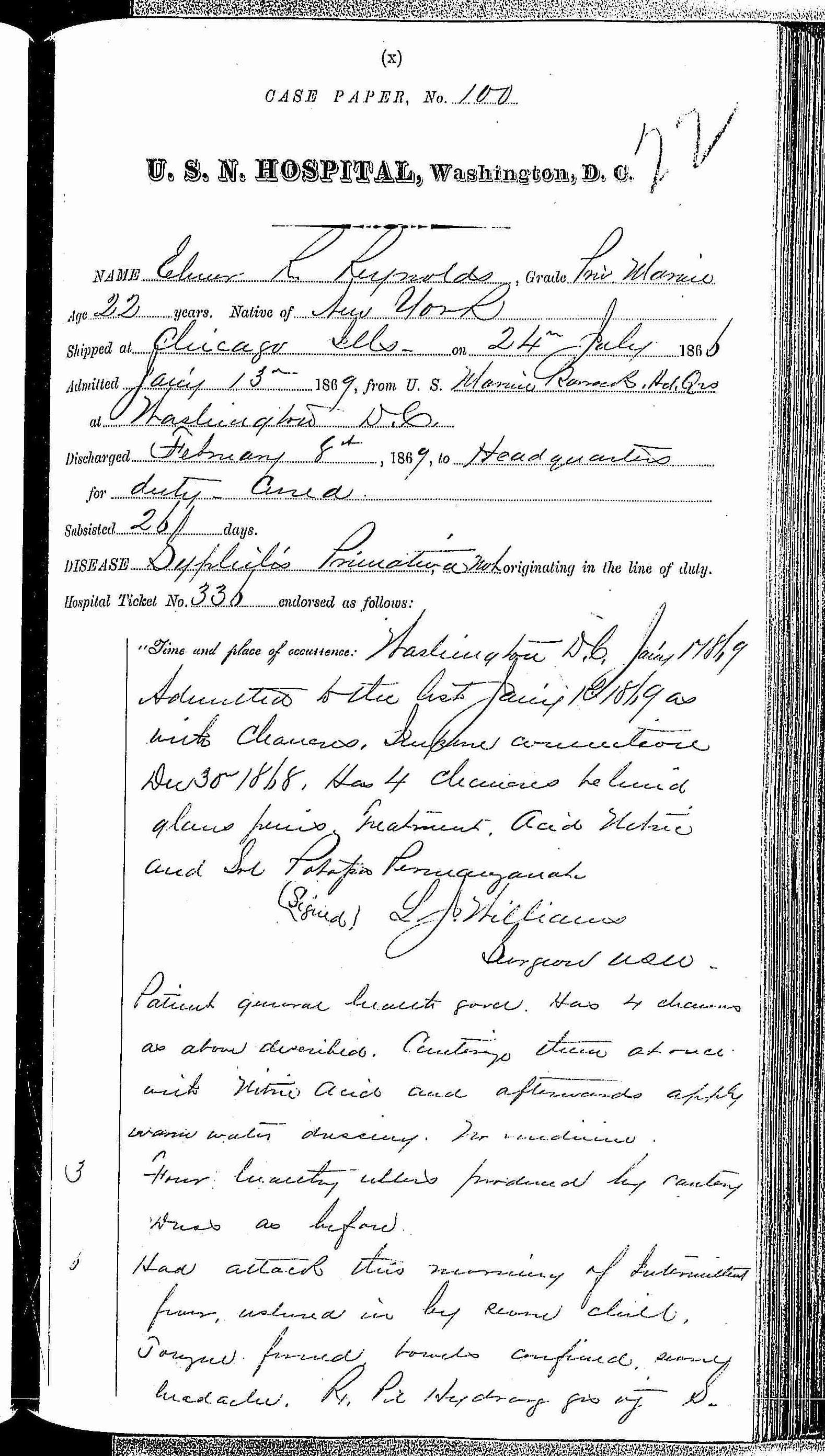 Entry for E. R. Reynolds (page 1 of 2) in the log Hospital Tickets and Case Papers - Naval Hospital - Washington, D.C. - 1868-69