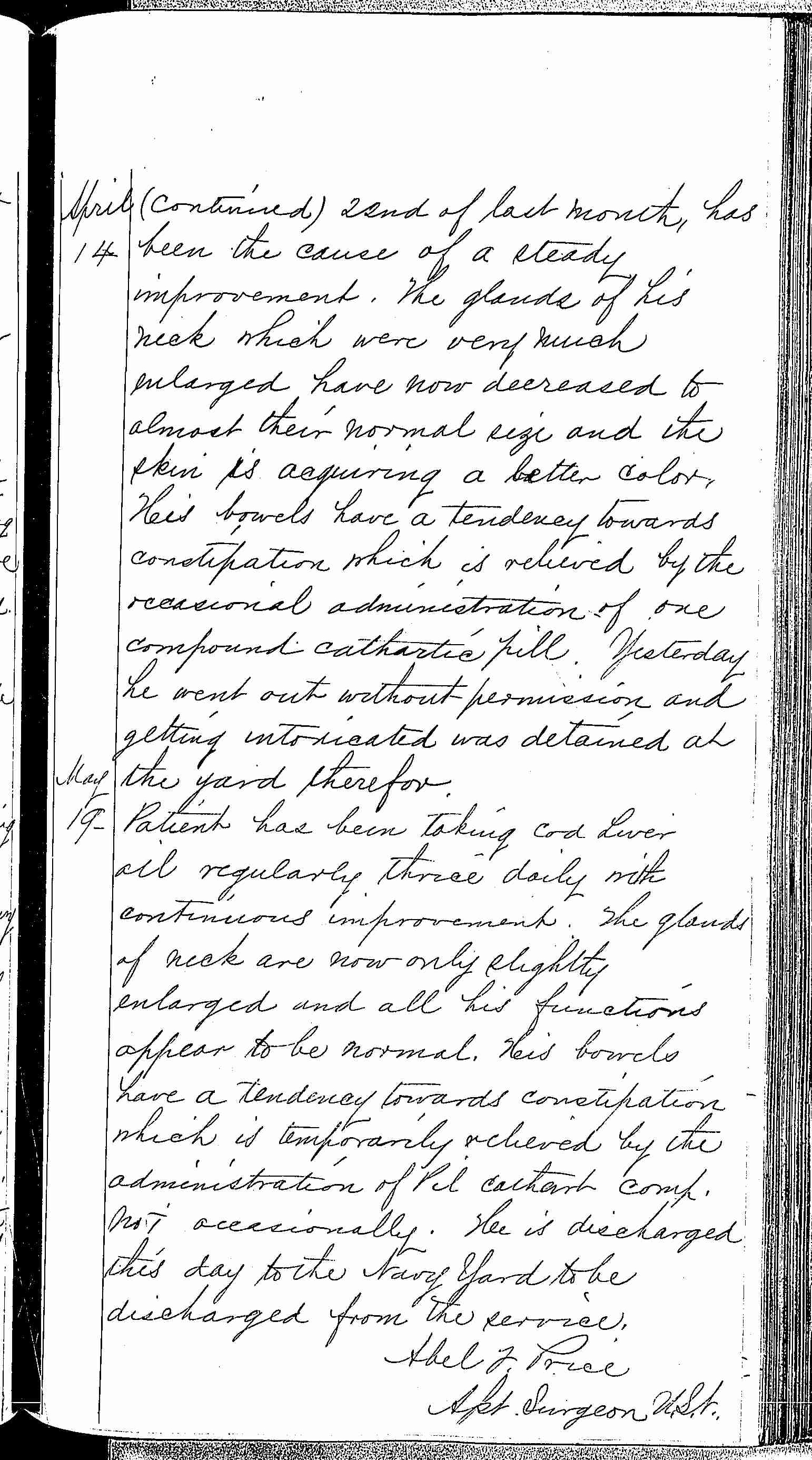 Entry for John Archer (page 5 of 5) in the log Hospital Tickets and Case Papers - Naval Hospital - Washington, D.C. - 1868-69