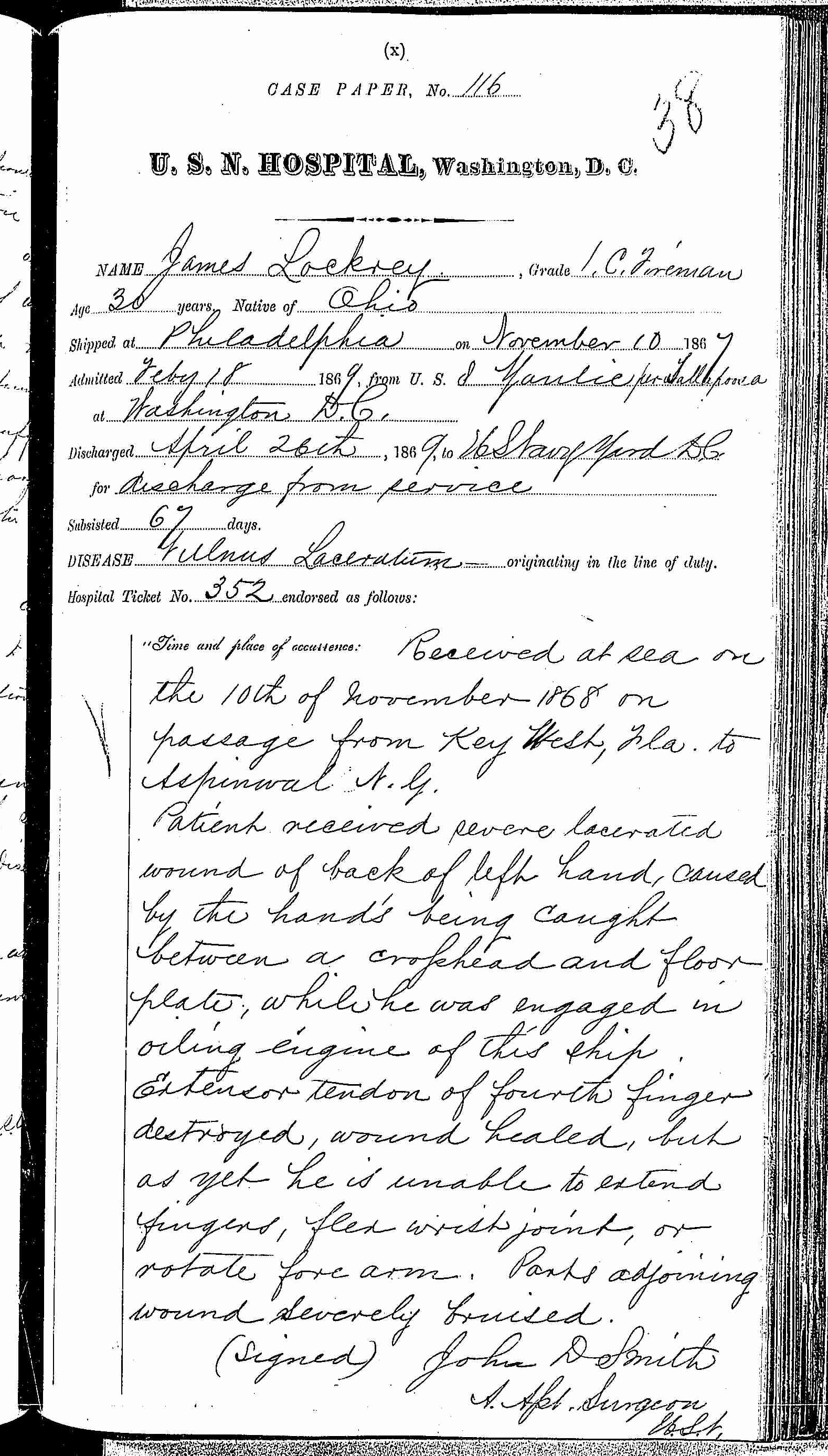 Entry for James Lockrey (page 1 of 5) in the log Hospital Tickets and Case Papers - Naval Hospital - Washington, D.C. - 1868-69