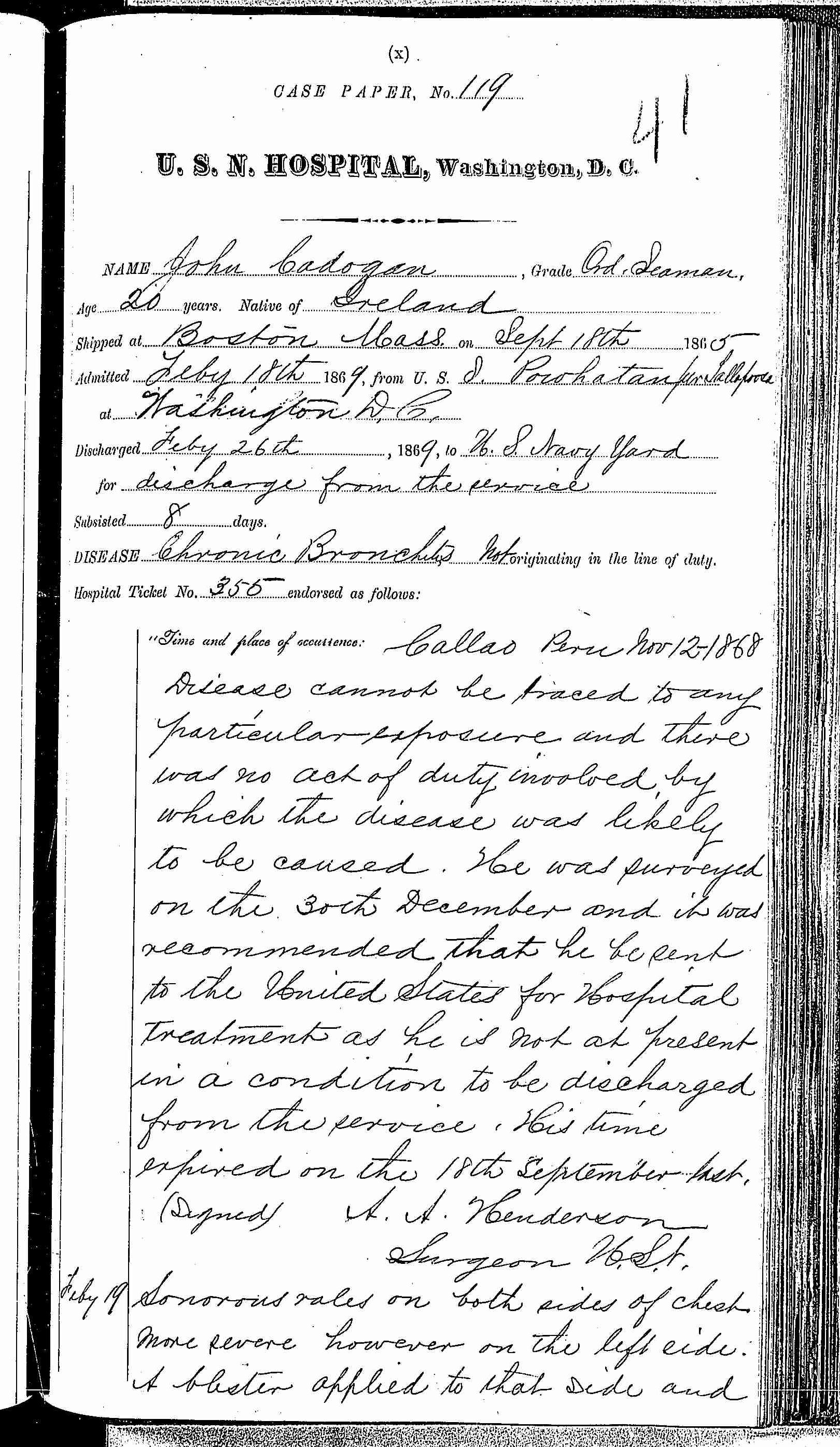 Entry for John Cadogan (page 1 of 3) in the log Hospital Tickets and Case Papers - Naval Hospital - Washington, D.C. - 1868-69