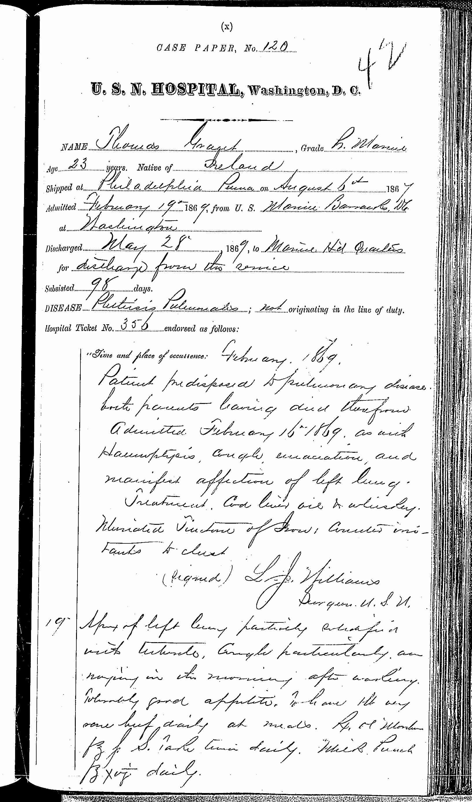 Entry for Thomas Grant (page 1 of 4) in the log Hospital Tickets and Case Papers - Naval Hospital - Washington, D.C. - 1868-69