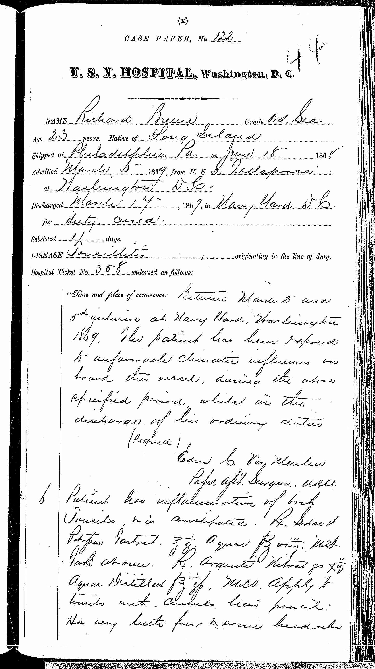 Entry for Richard Breene (page 1 of 2) in the log Hospital Tickets and Case Papers - Naval Hospital - Washington, D.C. - 1868-69