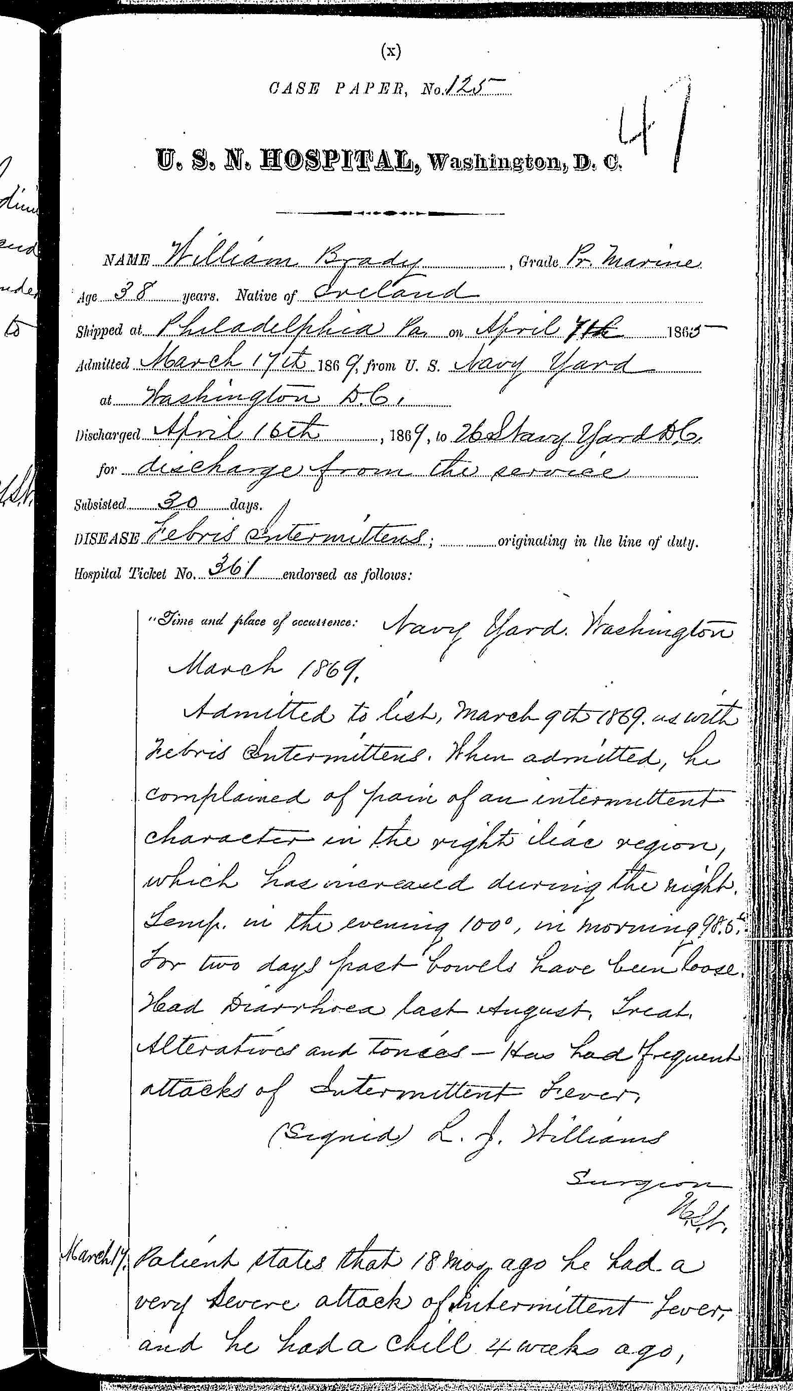 Entry for William Brady (page 1 of 5) in the log Hospital Tickets and Case Papers - Naval Hospital - Washington, D.C. - 1868-69