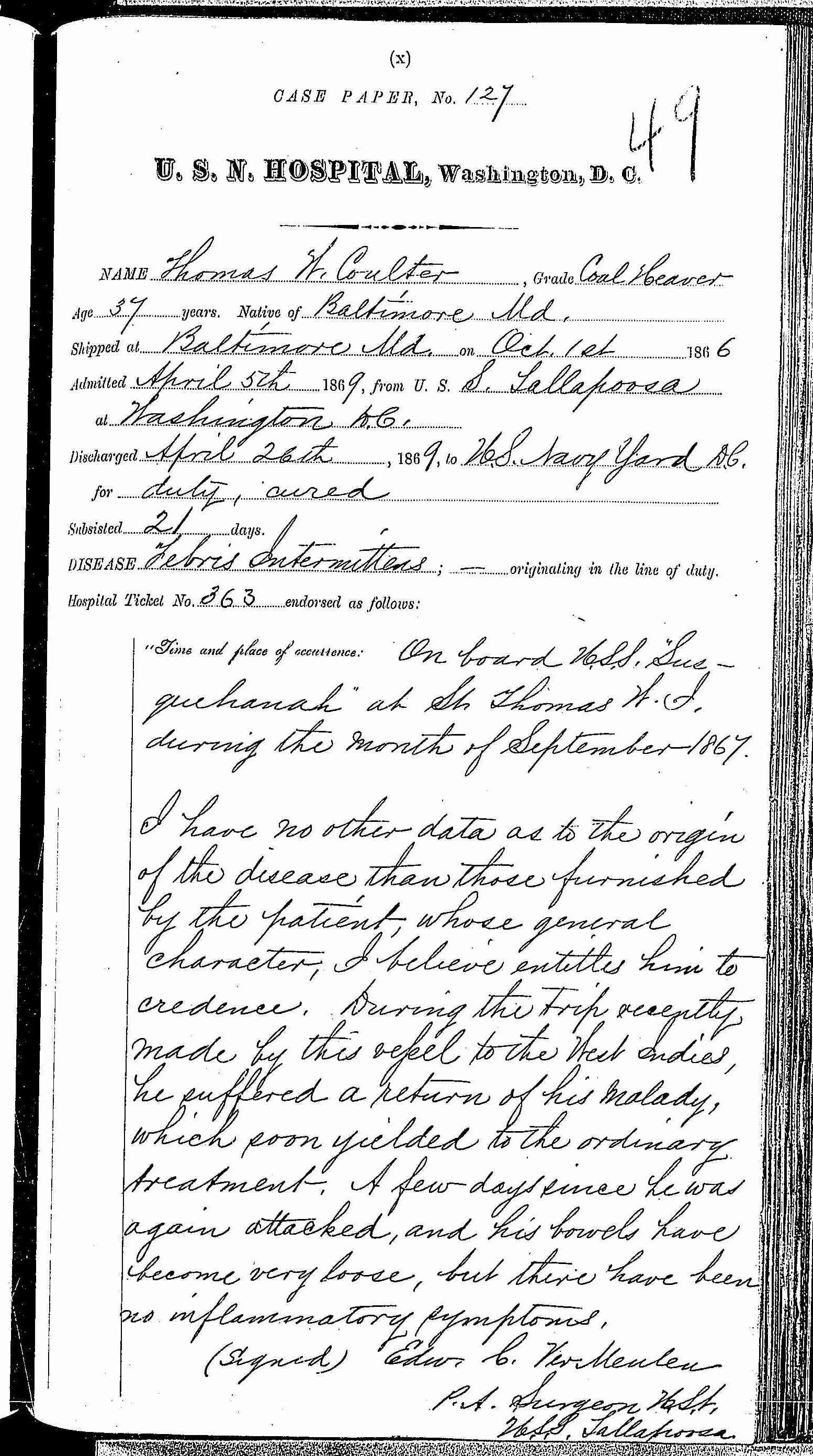 Entry for Thomas W. Coulter (page 1 of 3) in the log Hospital Tickets and Case Papers - Naval Hospital - Washington, D.C. - 1868-69