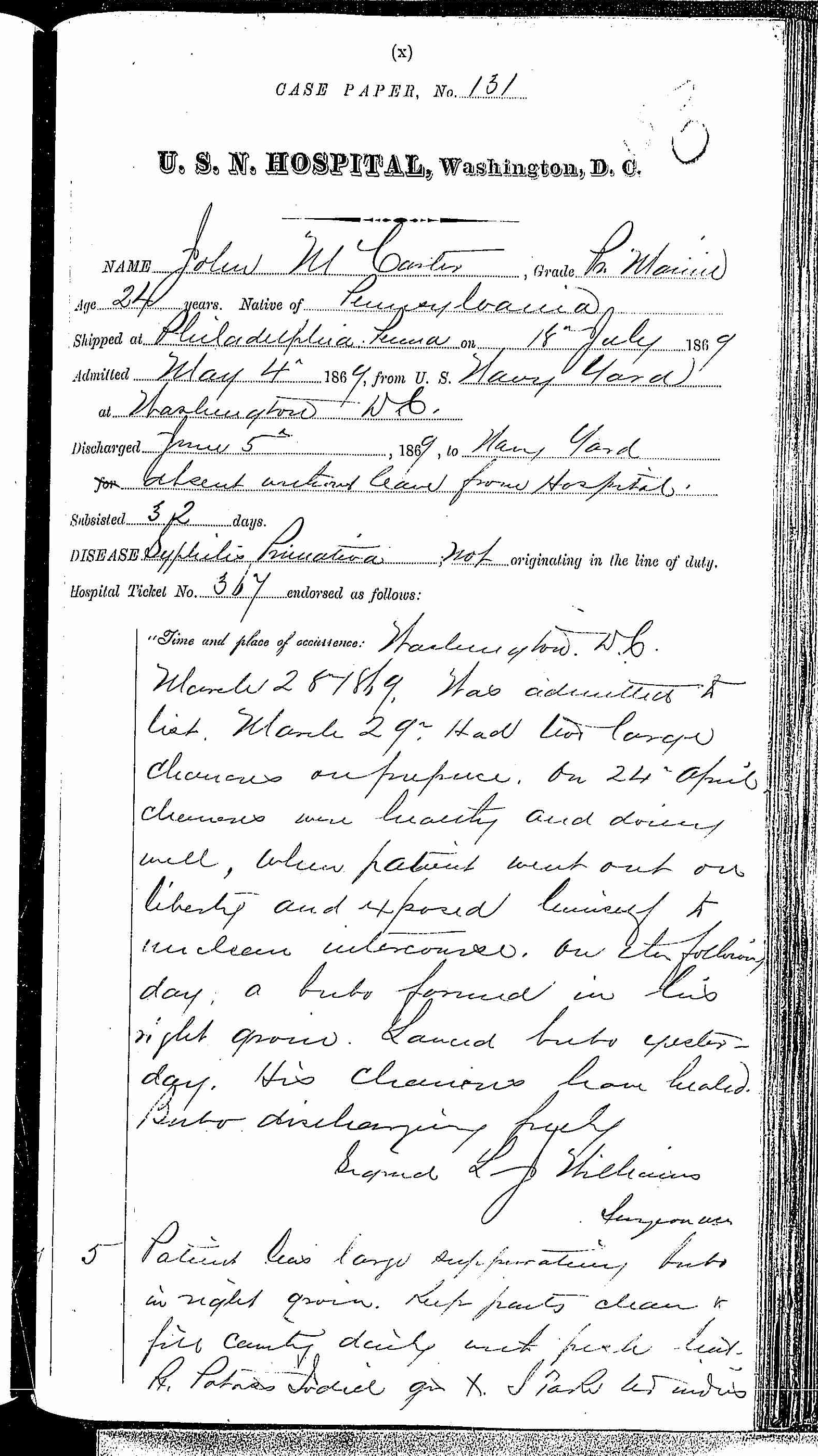 Entry for John M. Carter (page 1 of 2) in the log Hospital Tickets and Case Papers - Naval Hospital - Washington, D.C. - 1868-69