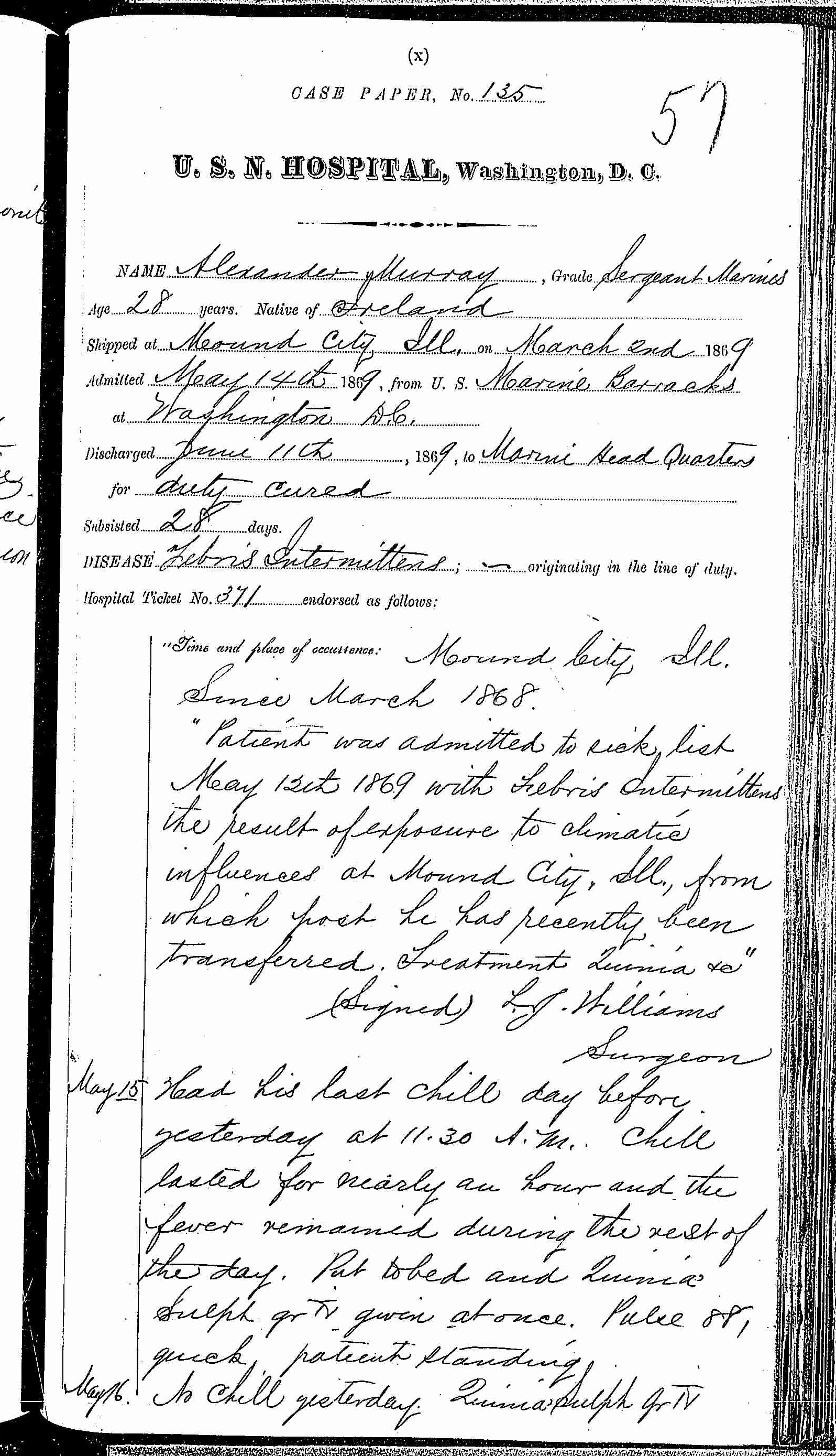 Entry for Alexander Murray (page 1 of 4) in the log Hospital Tickets and Case Papers - Naval Hospital - Washington, D.C. - 1868-69