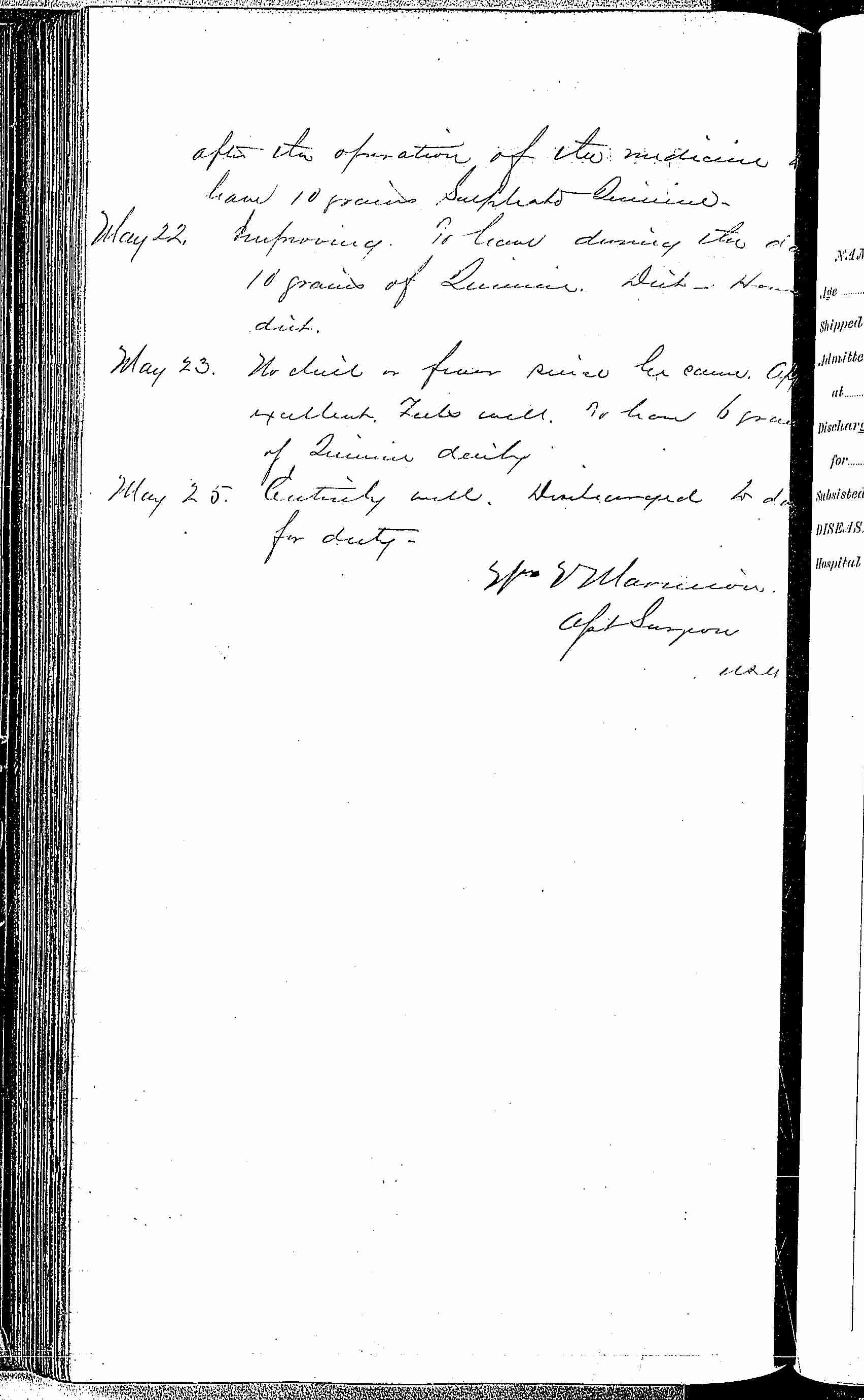 Entry for James R. Kidd (page 2 of 2) in the log Hospital Tickets and Case Papers - Naval Hospital - Washington, D.C. - 1868-69