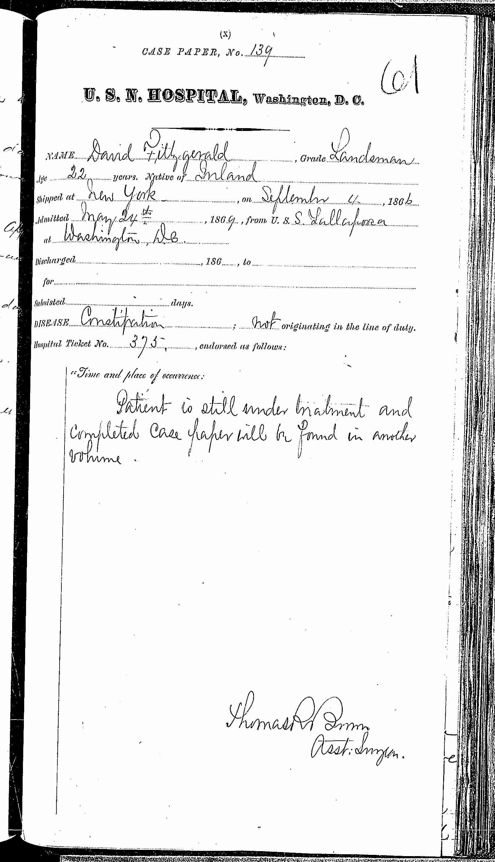 Entry for David Fitzgerald (page 1 of 1) in the log Hospital Tickets and Case Papers - Naval Hospital - Washington, D.C. - 1868-69