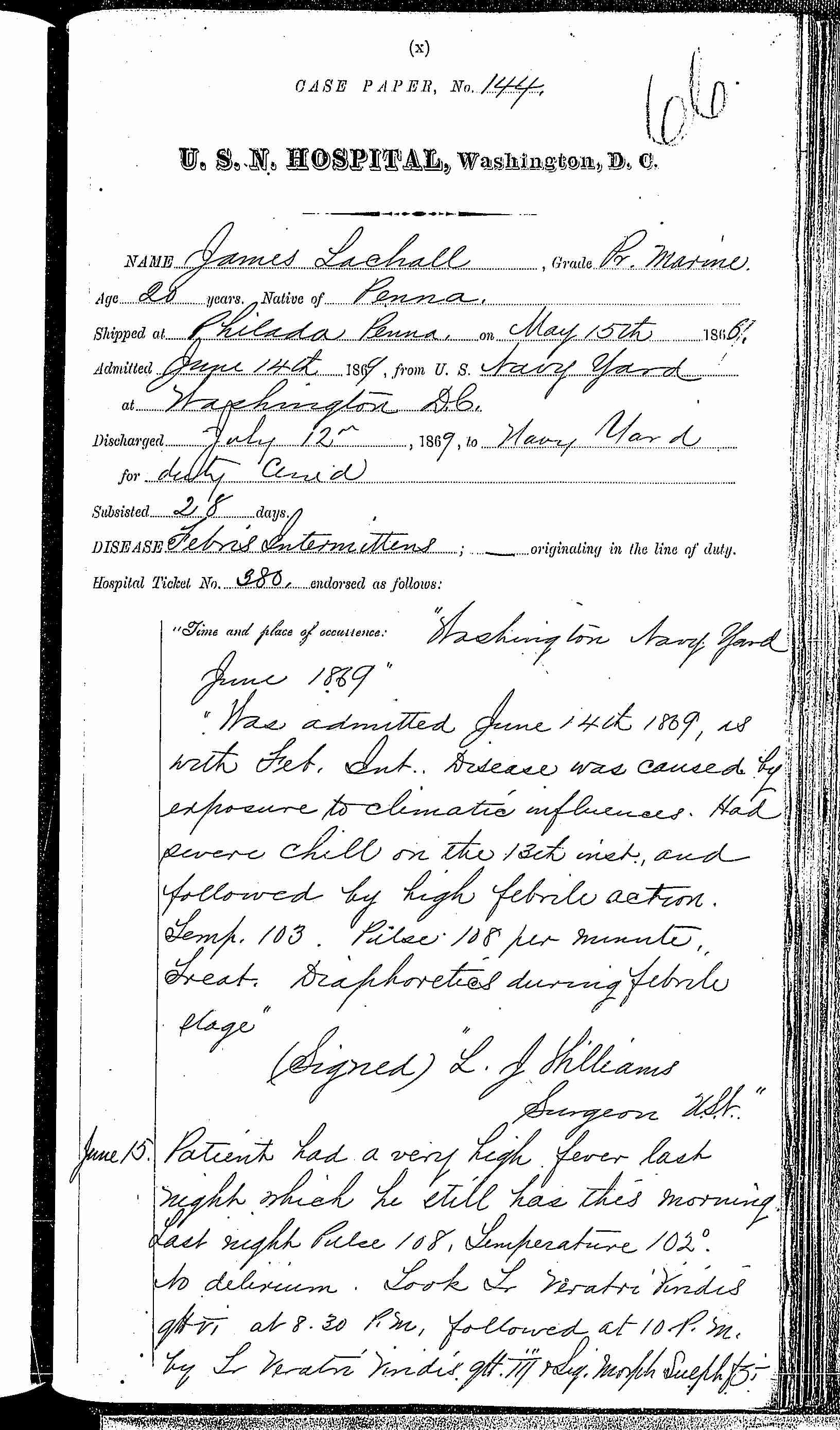 Entry for James Lachall (page 1 of 5) in the log Hospital Tickets and Case Papers - Naval Hospital - Washington, D.C. - 1868-69