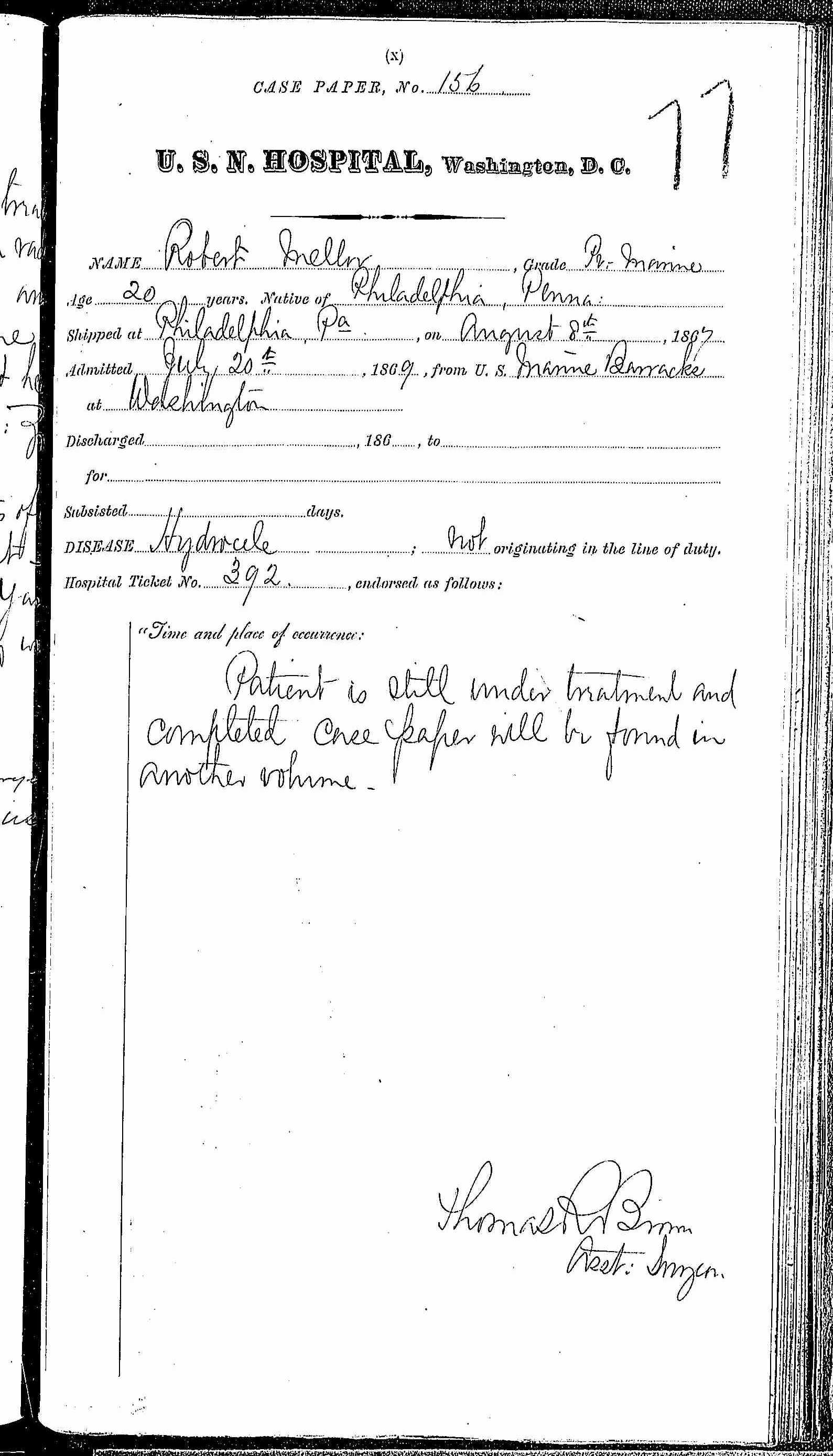 Entry for Robert Mellor (second admission page 1 of 1) in the log Hospital Tickets and Case Papers - Naval Hospital - Washington, D.C. - 1868-69