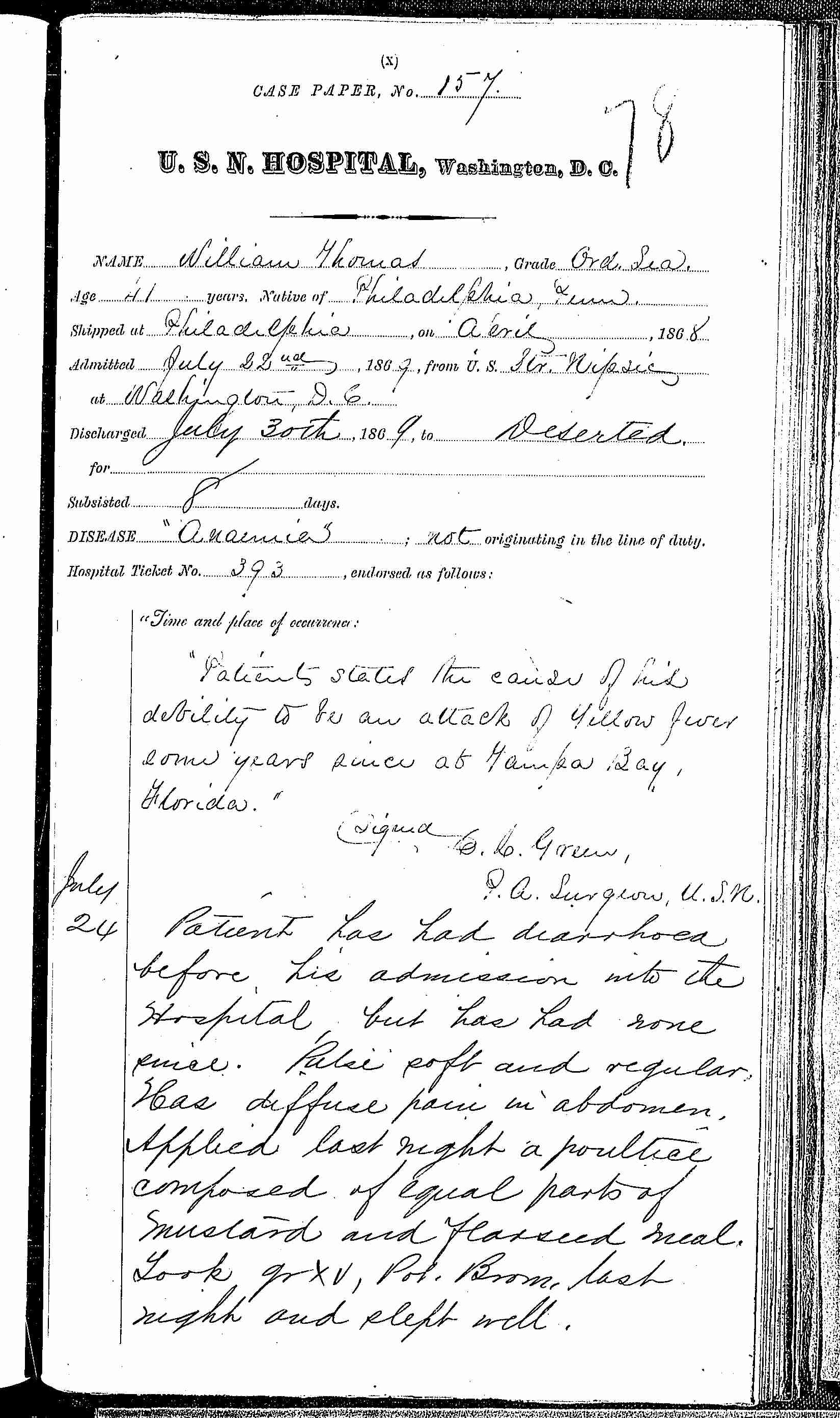 Entry for William Thomas (page 1 of 2) in the log Hospital Tickets and Case Papers - Naval Hospital - Washington, D.C. - 1868-69