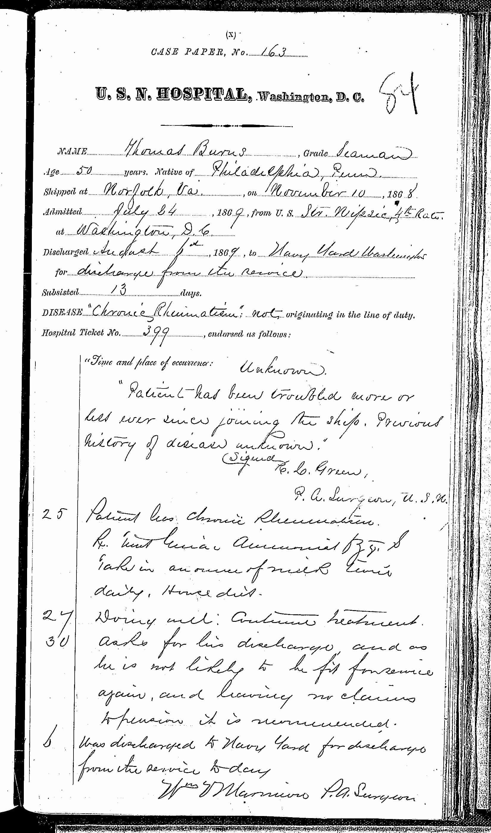 Entry for Thomas Burns (page 1 of 1) in the log Hospital Tickets and Case Papers - Naval Hospital - Washington, D.C. - 1868-69