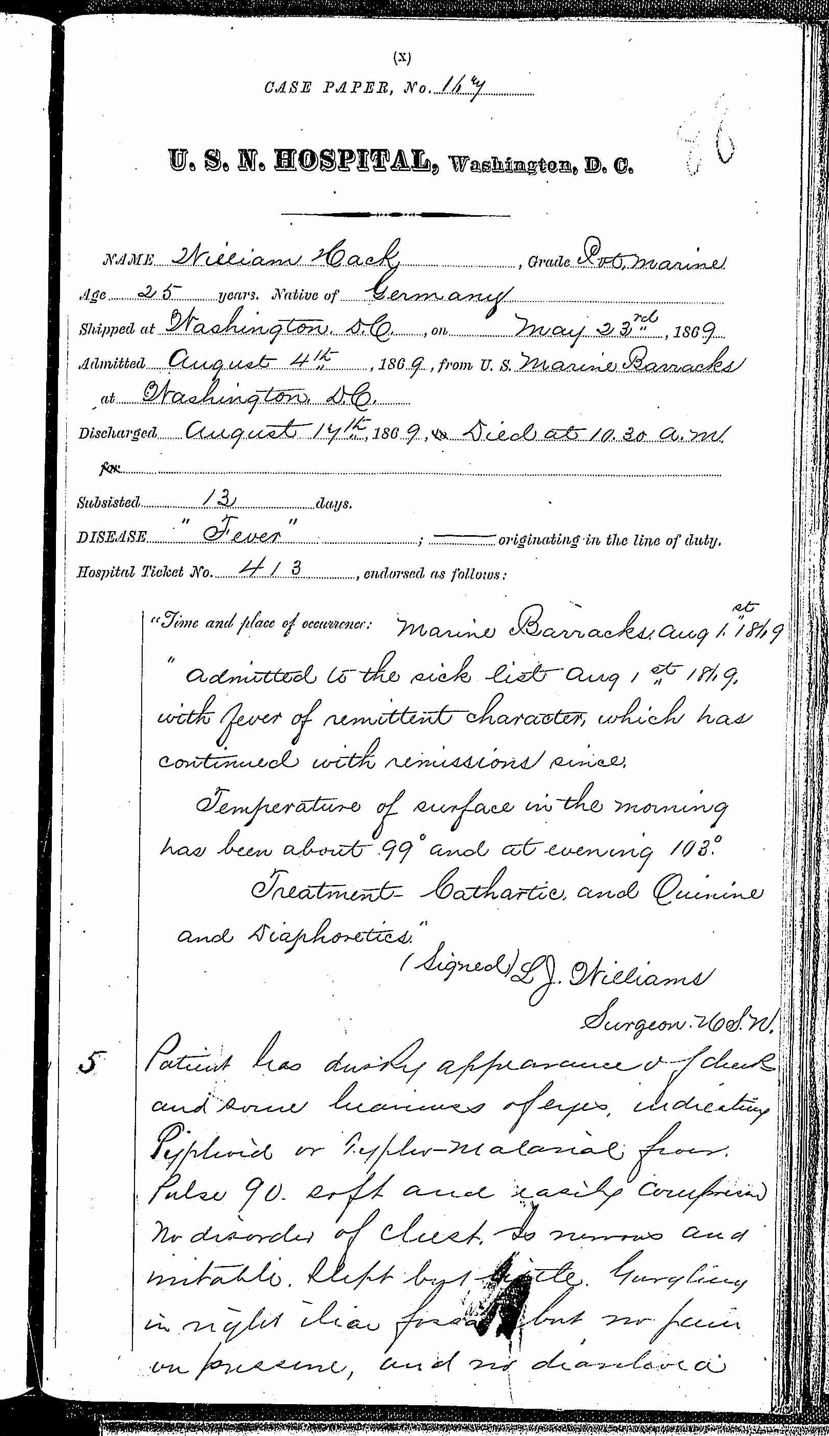 Entry for William Hack (page 1 of 7) in the log Hospital Tickets and Case Papers - Naval Hospital - Washington, D.C. - 1868-69