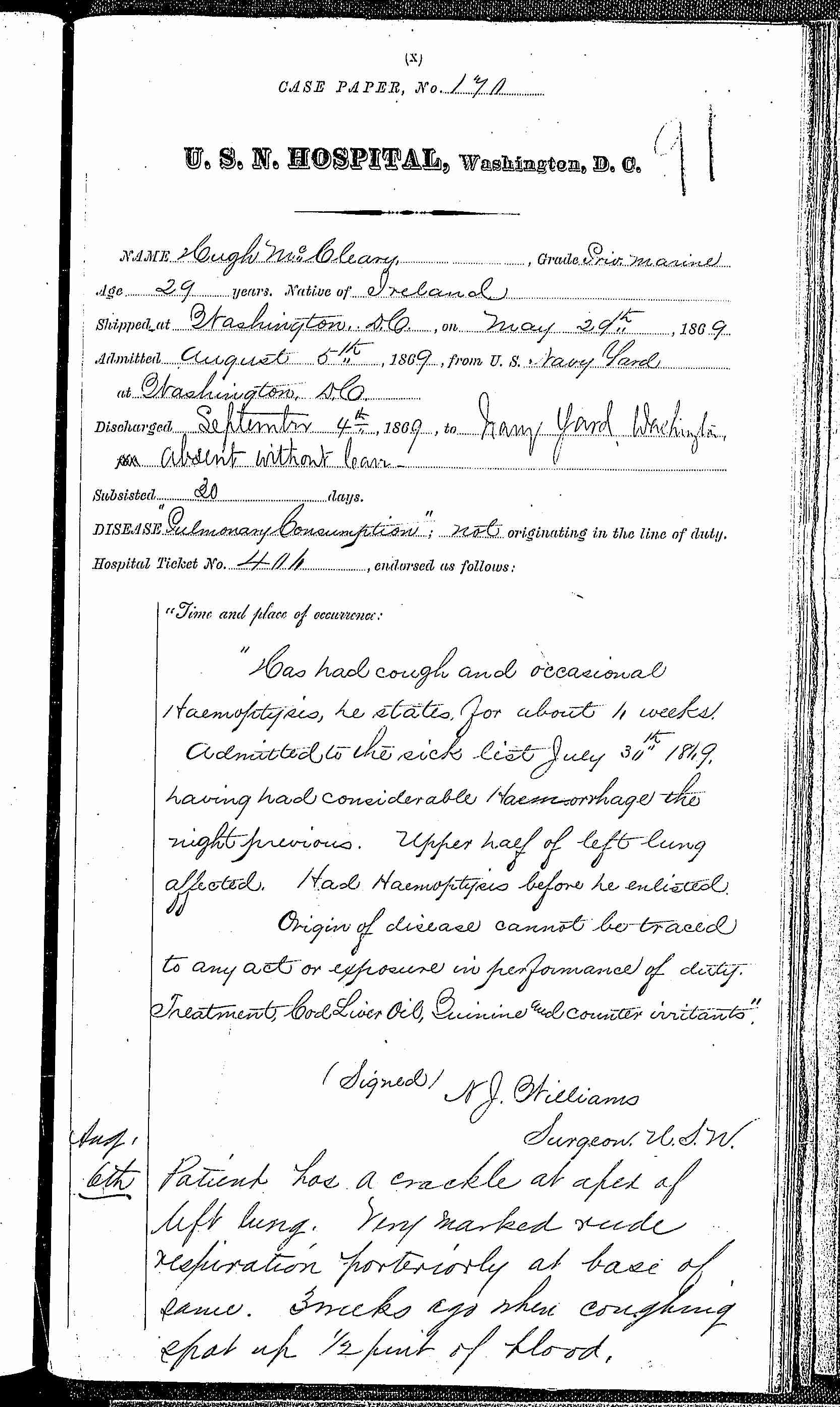 Entry for Hugh McCleary (page 1 of 4) in the log Hospital Tickets and Case Papers - Naval Hospital - Washington, D.C. - 1868-69