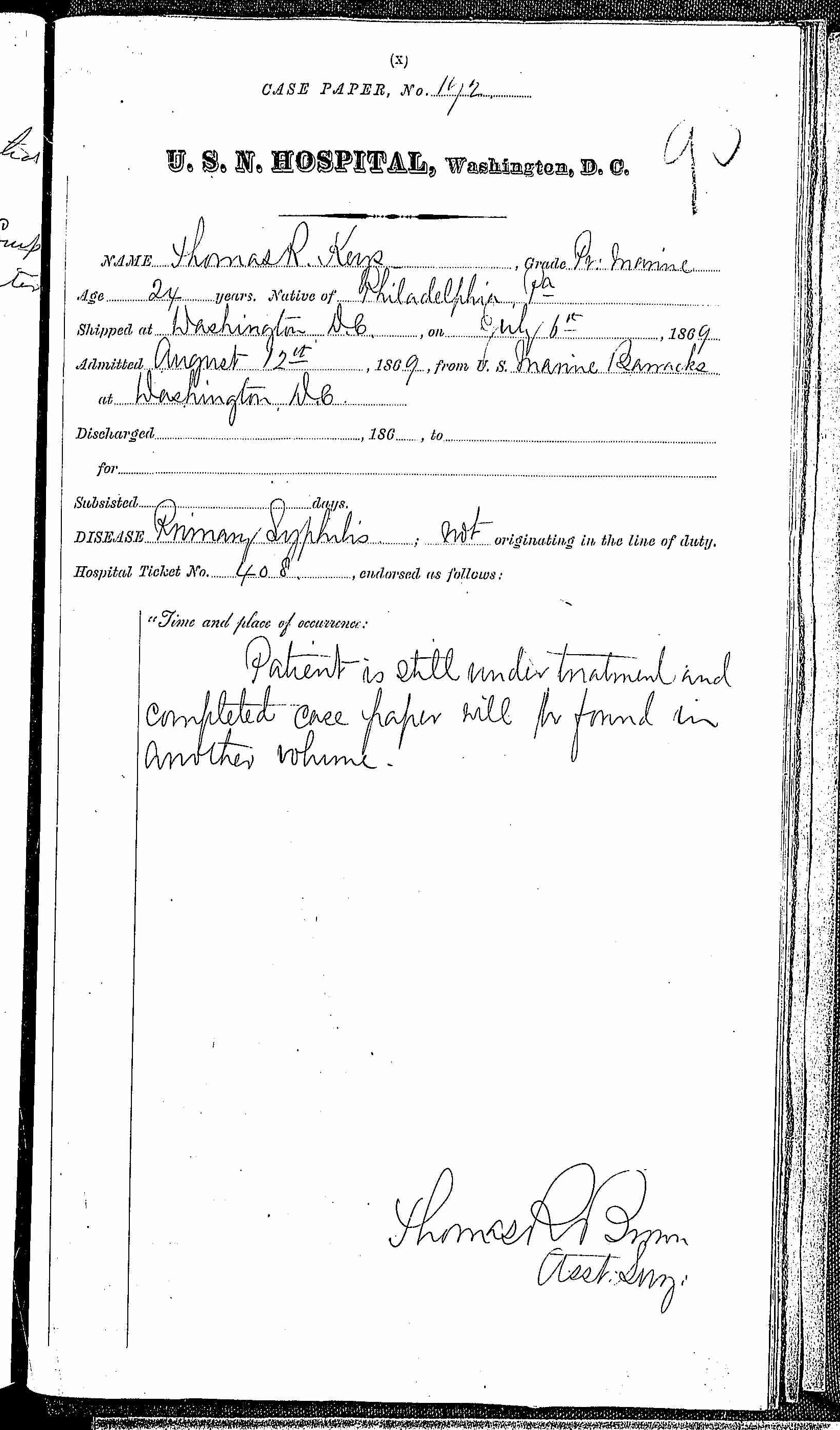 Entry for Thomas R. Keys (page 1 of 1) in the log Hospital Tickets and Case Papers - Naval Hospital - Washington, D.C. - 1868-69