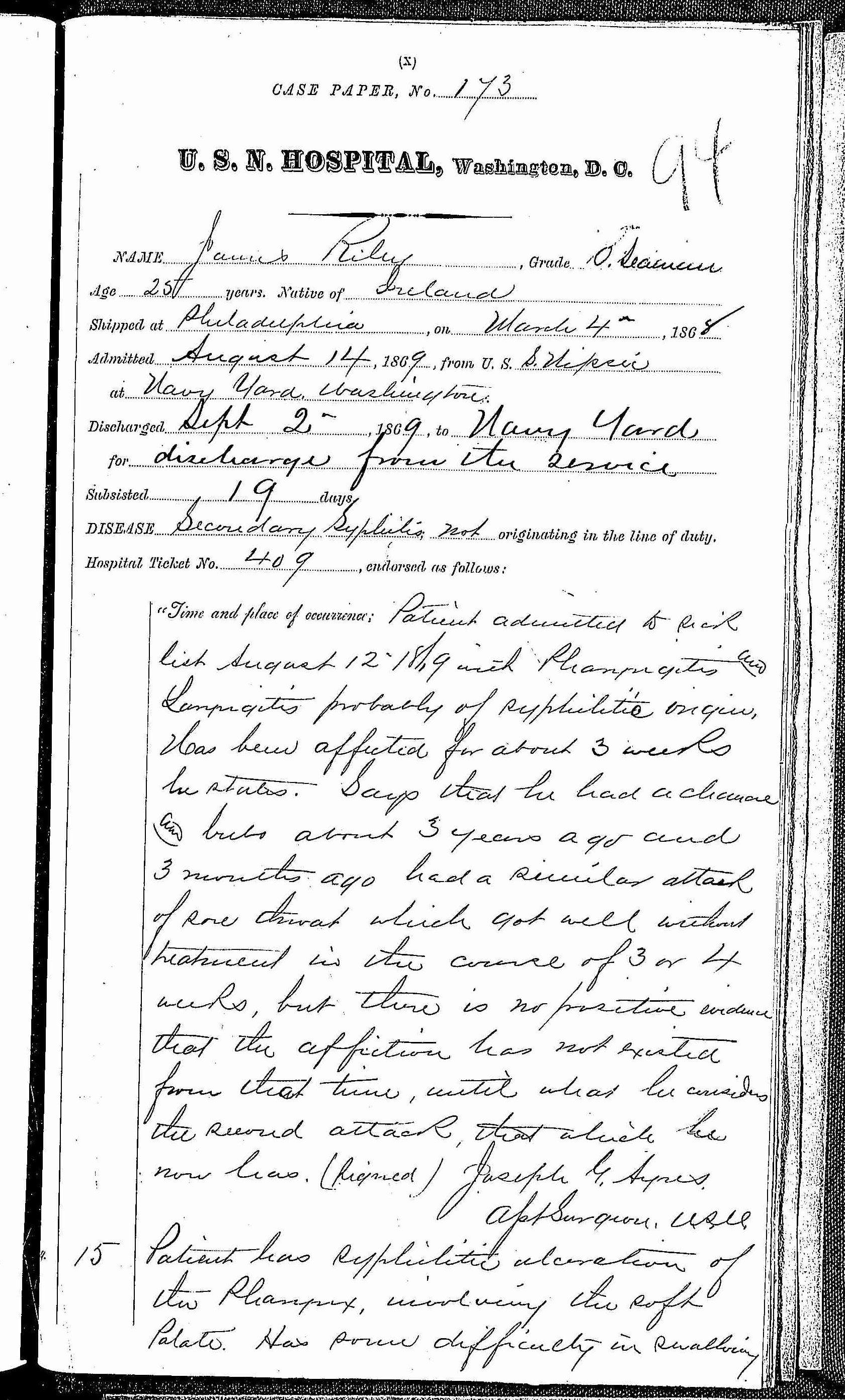 Entry for James Riley (page 1 of 3) in the log Hospital Tickets and Case Papers - Naval Hospital - Washington, D.C. - 1868-69