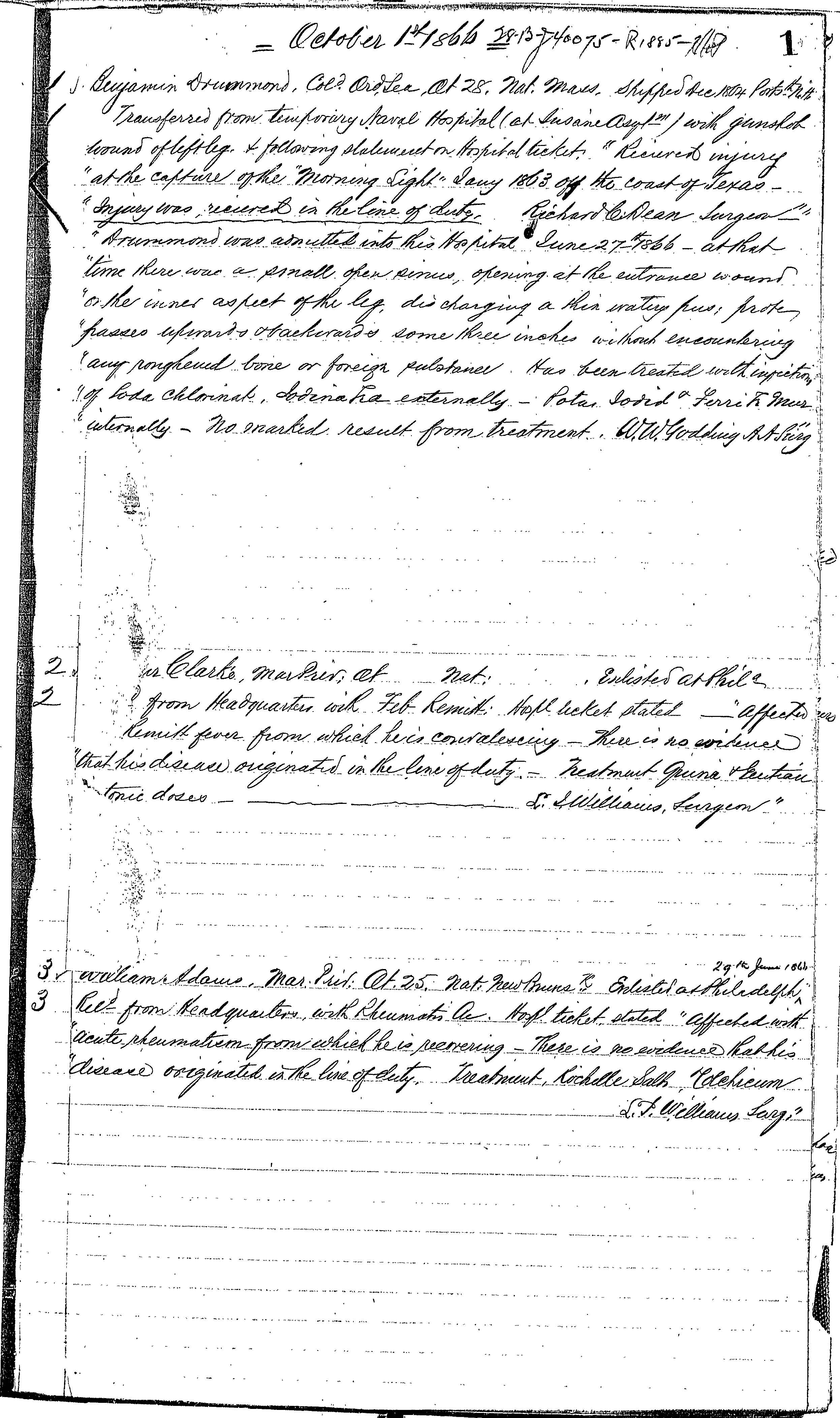 Patients in the Naval Hospital, Washington DC, on October 1, 1866, page 1 of 2, in the Medical Journal, October 1, 1866 to March 20, 1867