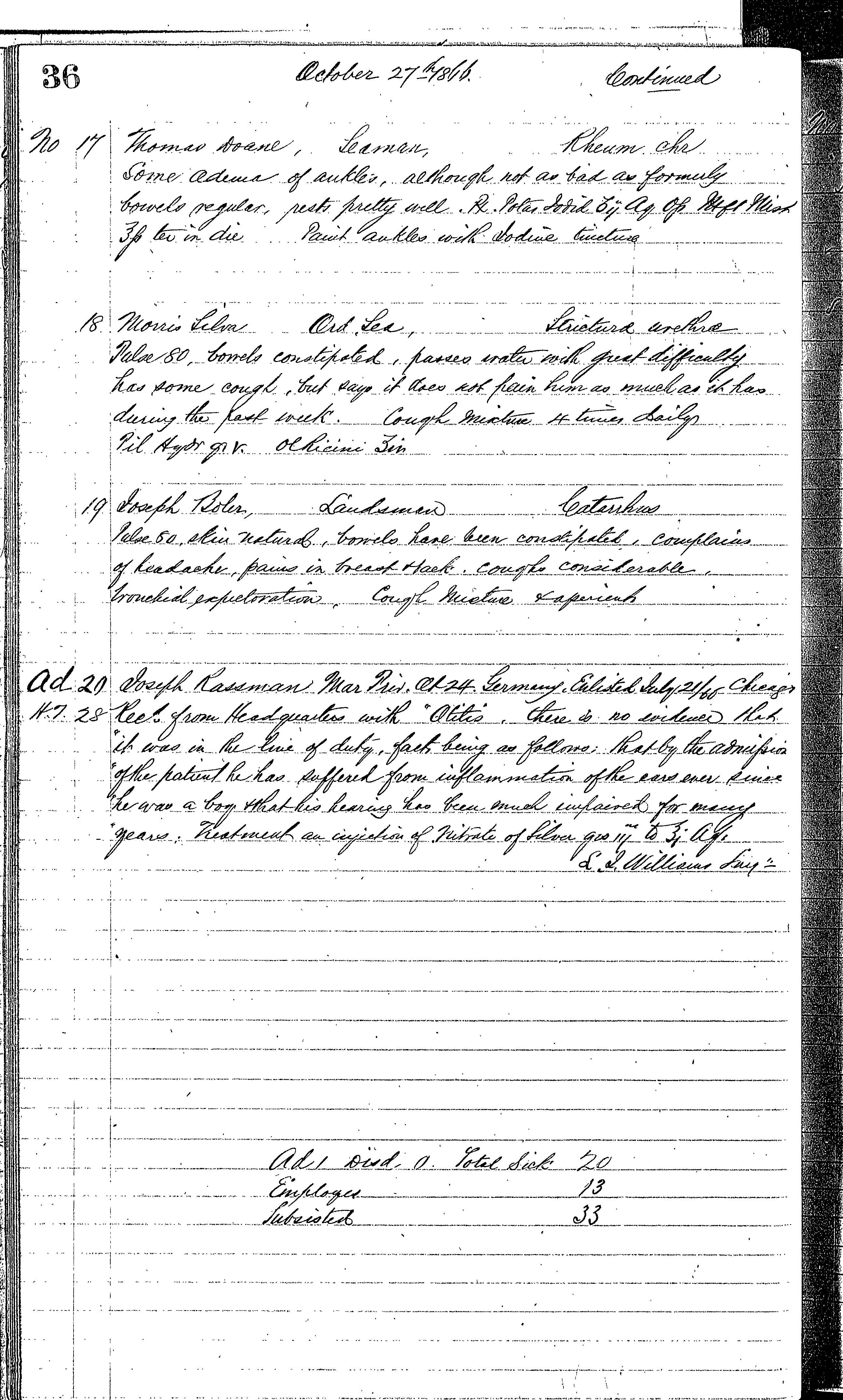 Patients in the Naval Hospital, Washington DC, on October 27, 1866, page 2 of 2, in the Medical Journal, October 1, 1866 to March 20, 1867