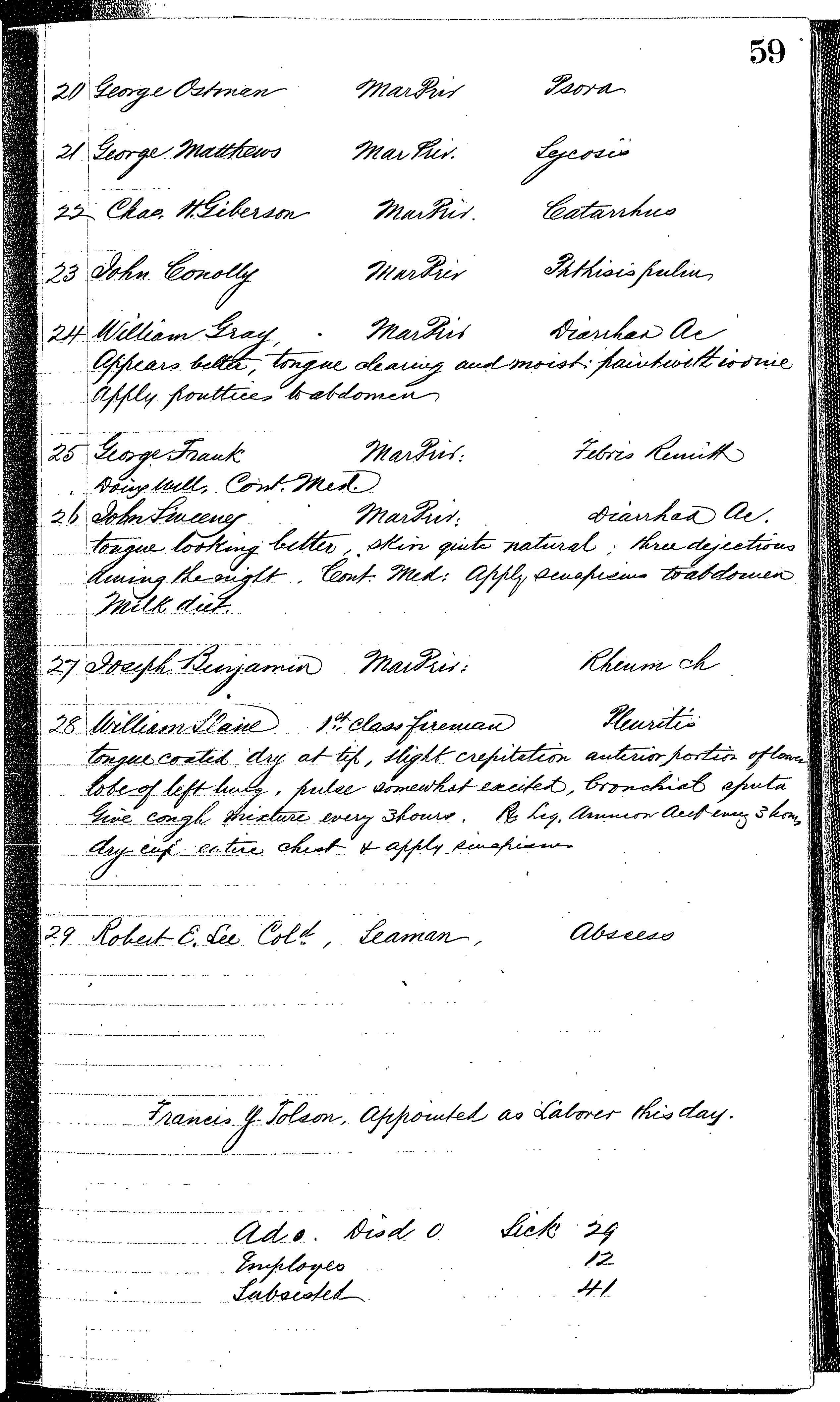 Patients in the Naval Hospital, Washington DC, on November 8, 1866, page 2 of 2, in the Medical Journal, October 1, 1866 to March 20, 1867