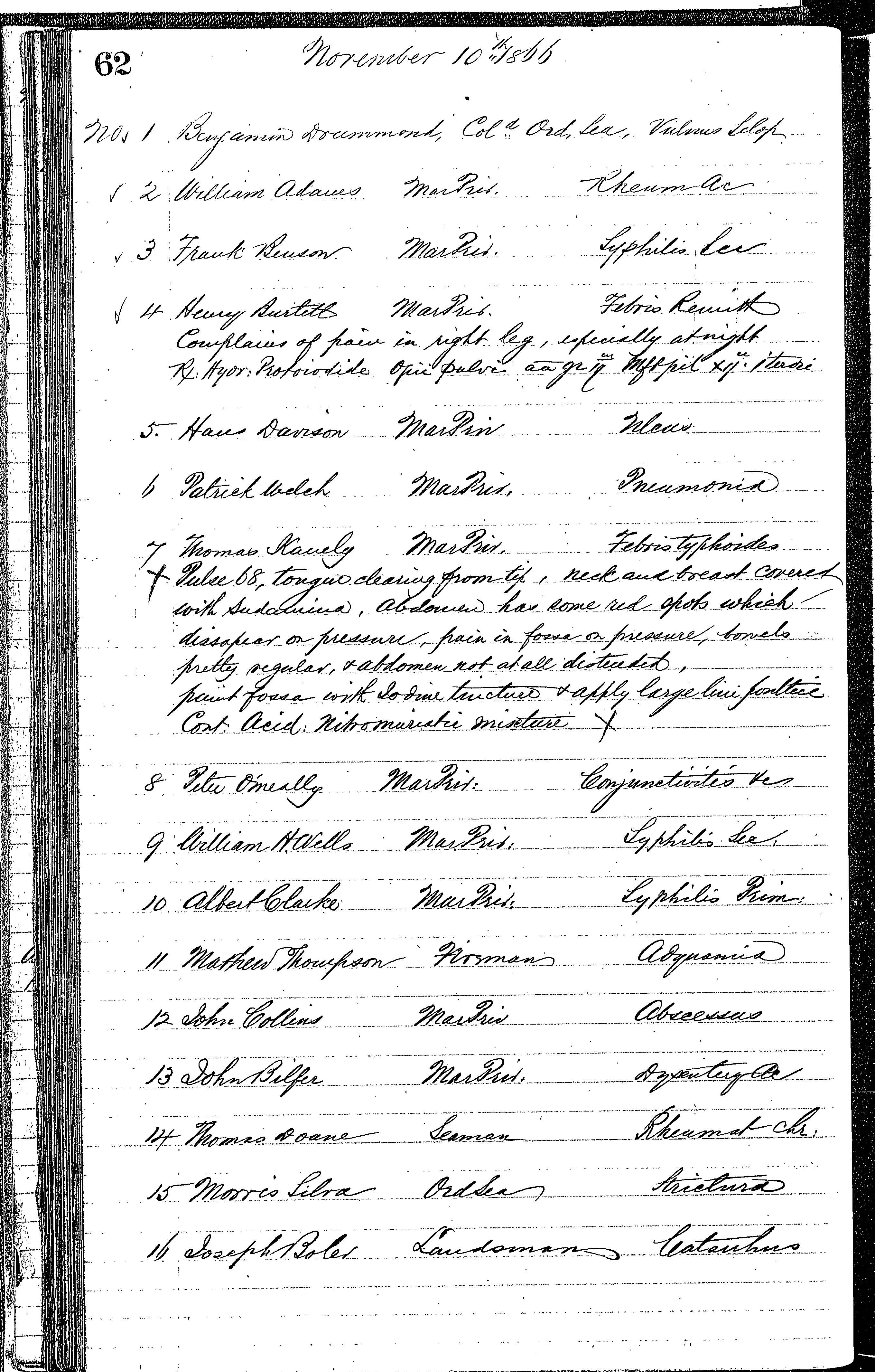 Patients in the Naval Hospital, Washington DC, on November 10, 1866, page 1 of 2, in the Medical Journal, October 1, 1866 to March 20, 1867