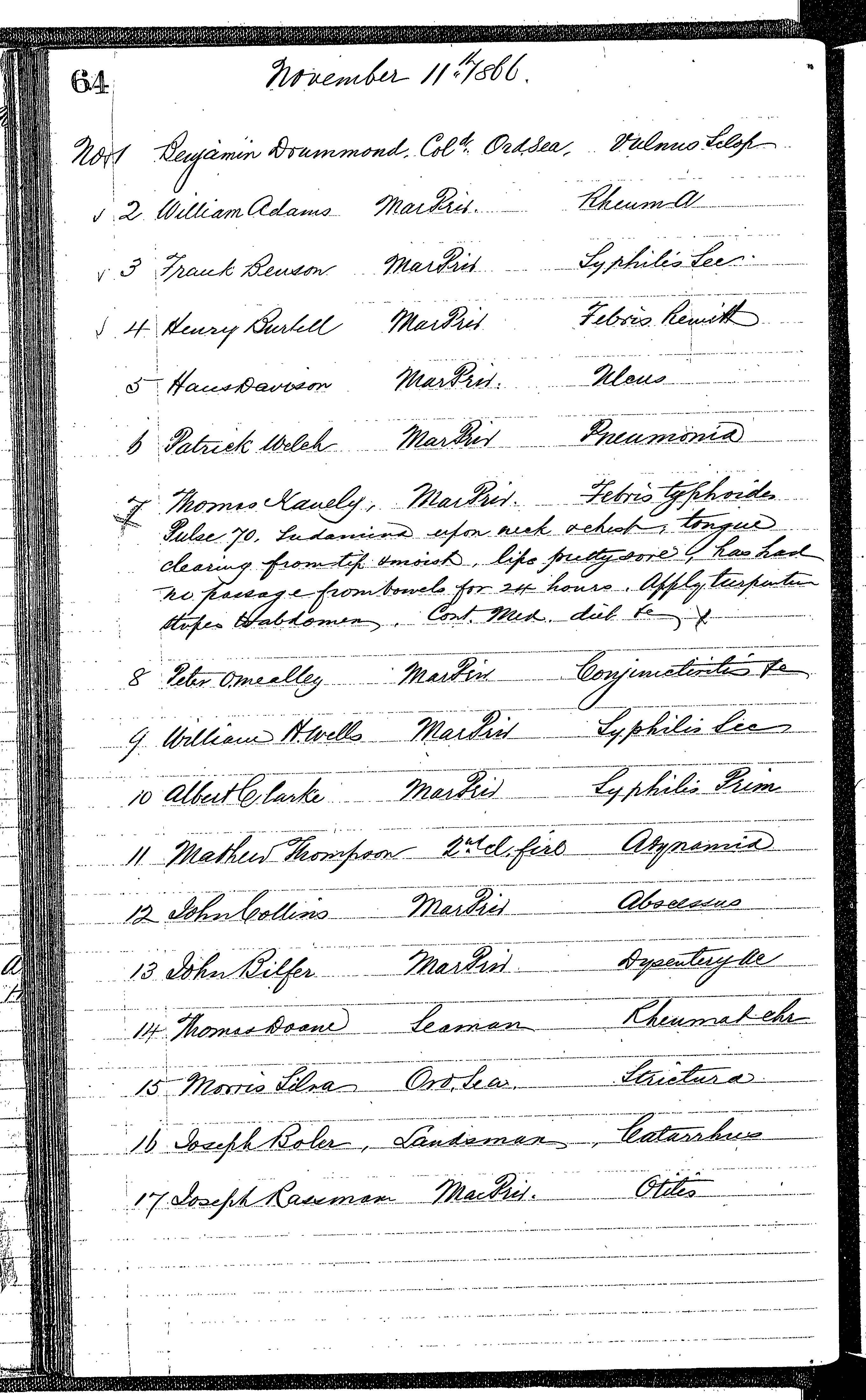 Patients in the Naval Hospital, Washington DC, on November 11, 1866, page 1 of 2, in the Medical Journal, October 1, 1866 to March 20, 1867