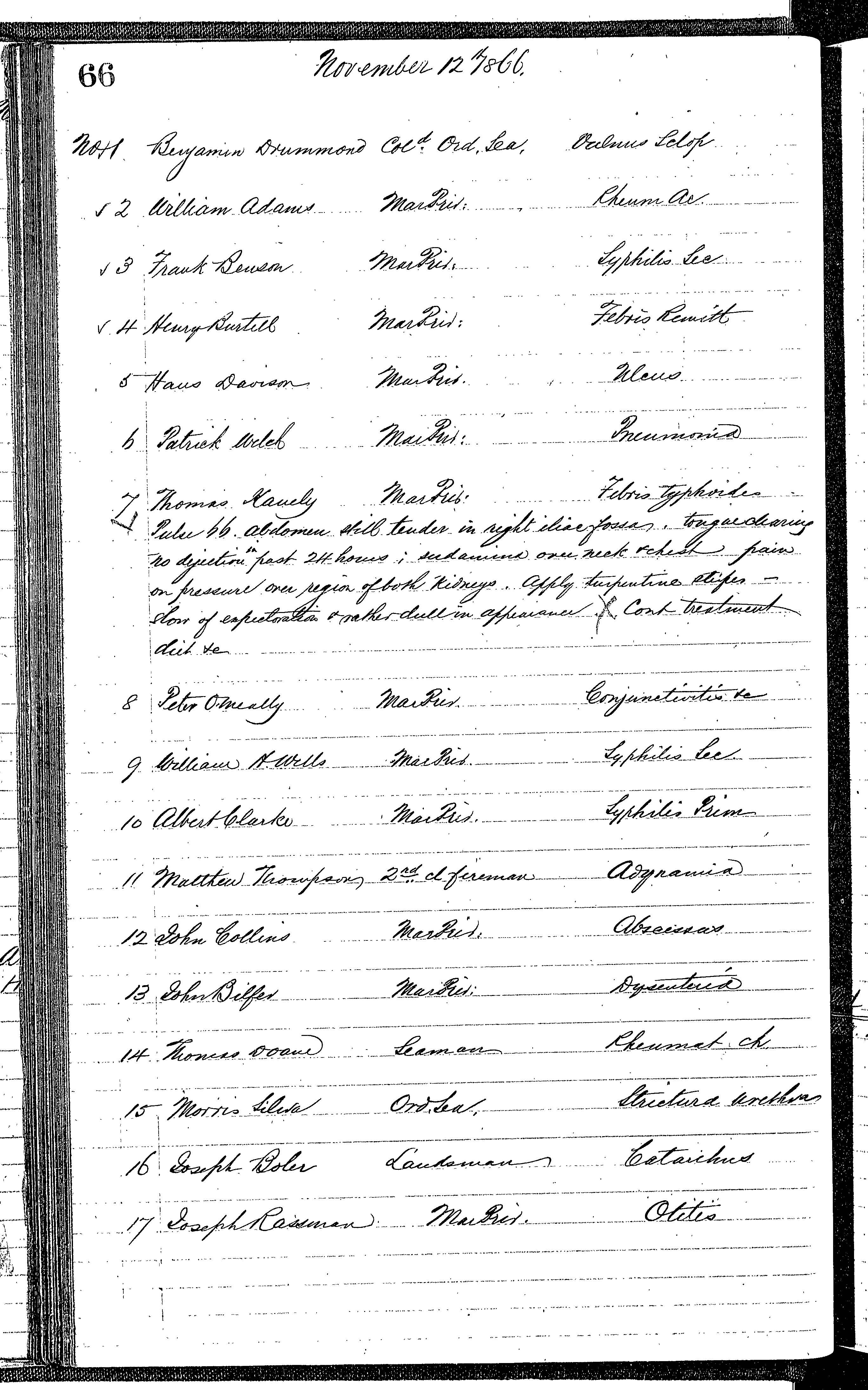 Patients in the Naval Hospital, Washington DC, on November 12, 1866, page 1 of 3, in the Medical Journal, October 1, 1866 to March 20, 1867