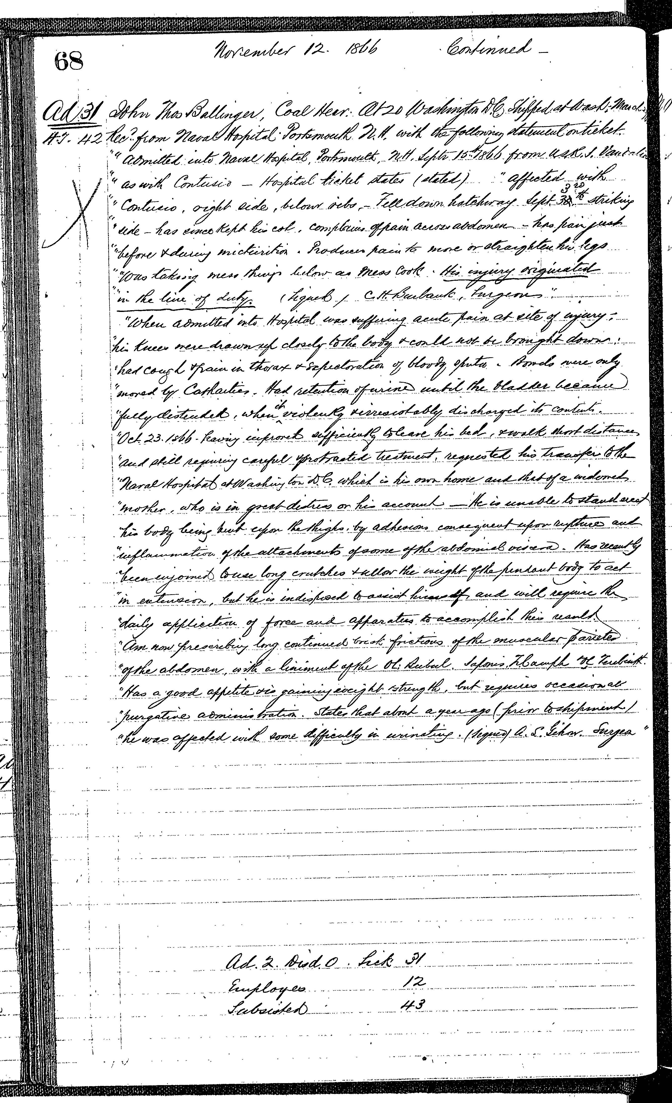 Patients in the Naval Hospital, Washington DC, on November 12, 1866, page 3 of 3, in the Medical Journal, October 1, 1866 to March 20, 1867