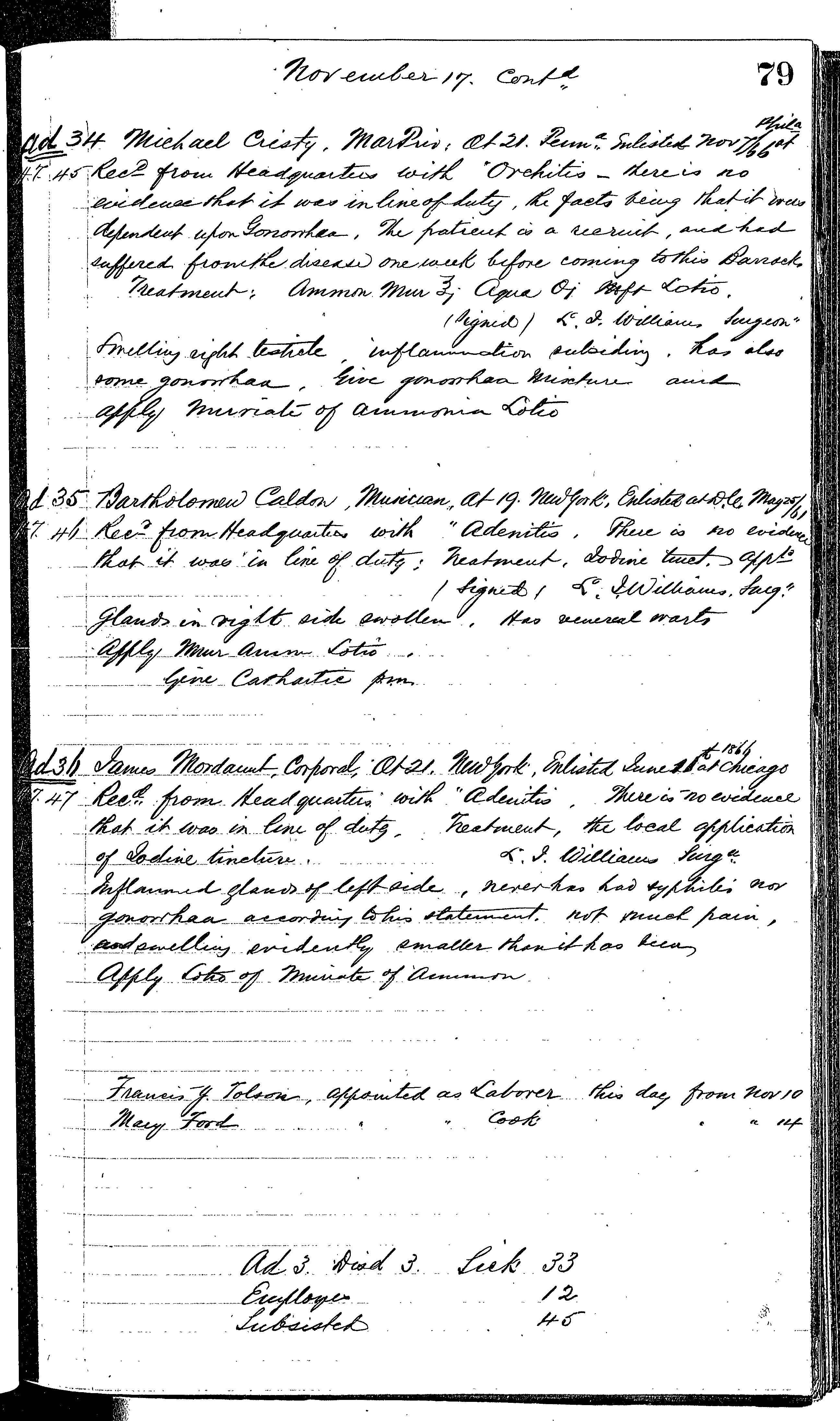 Patients in the Naval Hospital, Washington DC, on November 17, 1866, page 3 of 3, in the Medical Journal, October 1, 1866 to March 20, 1867