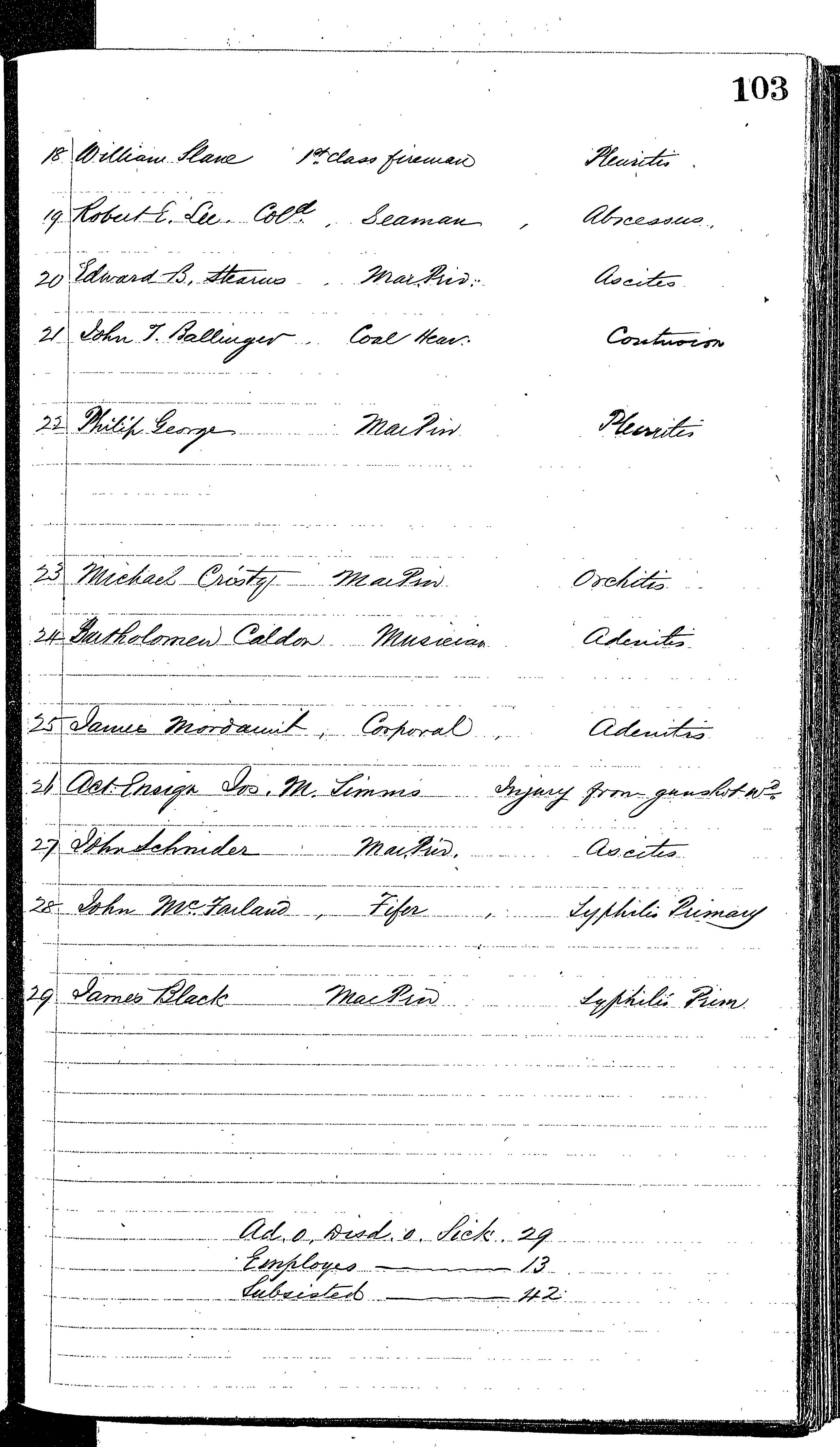 Patients in the Naval Hospital, Washington DC, on November 29, 1866, page 2 of 2, in the Medical Journal, October 1, 1866 to March 20, 1867