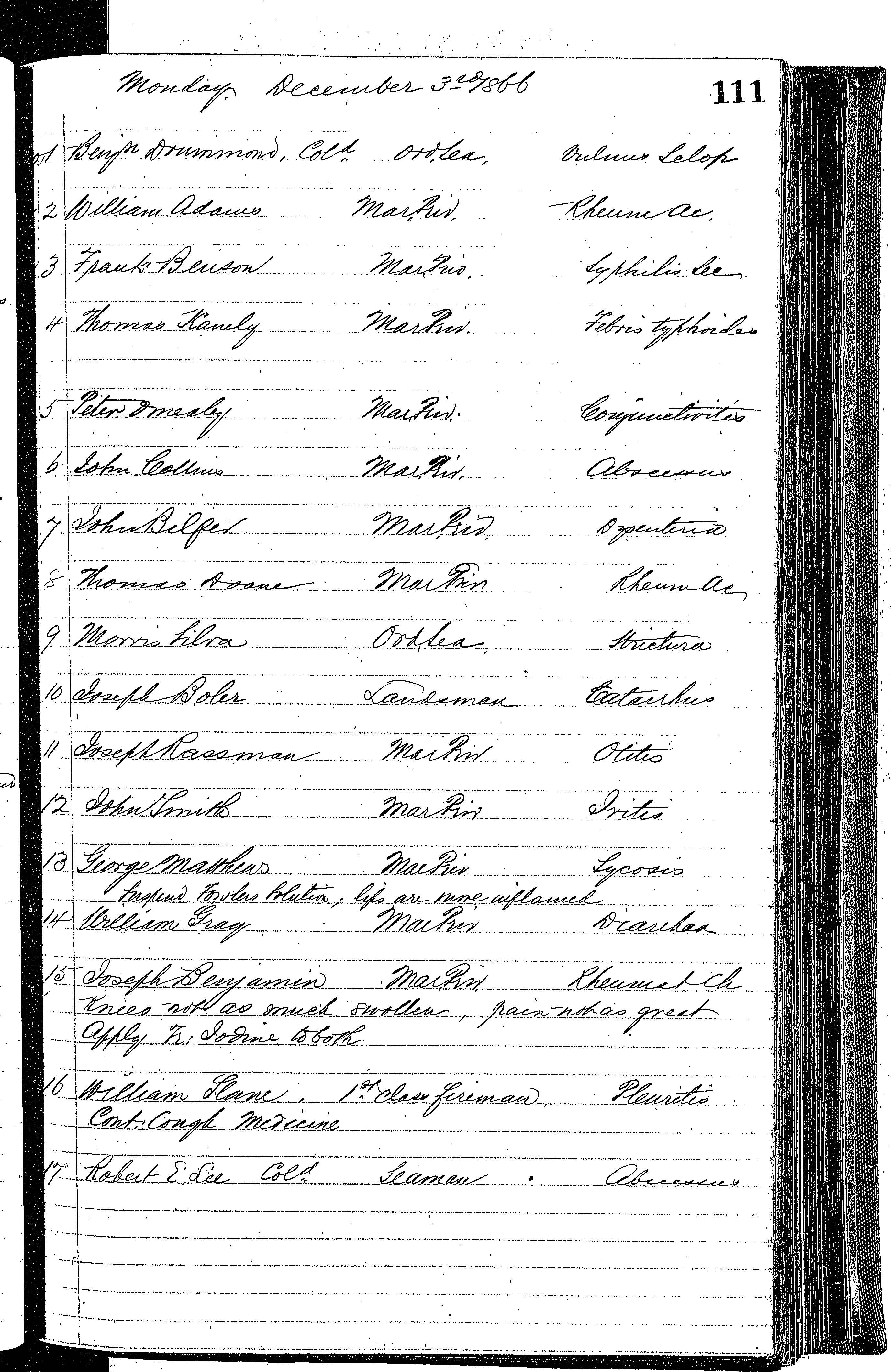 Patients in the Naval Hospital, Washington DC, on December 3, 1866, page 1 of 2, in the Medical Journal, October 1, 1866 to March 20, 1867