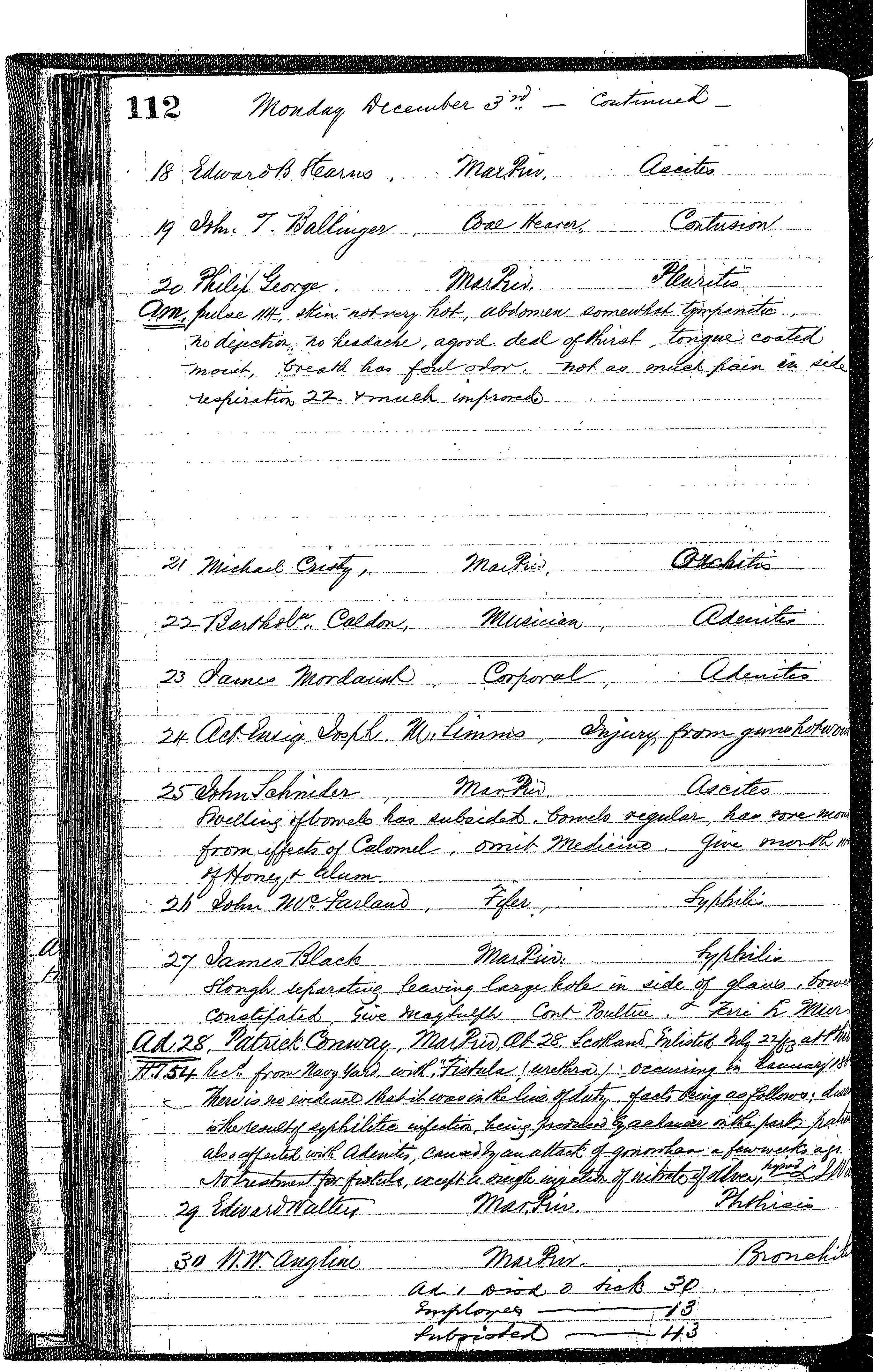 Patients in the Naval Hospital, Washington DC, on December 3, 1866, page 2 of 2, in the Medical Journal, October 1, 1866 to March 20, 1867