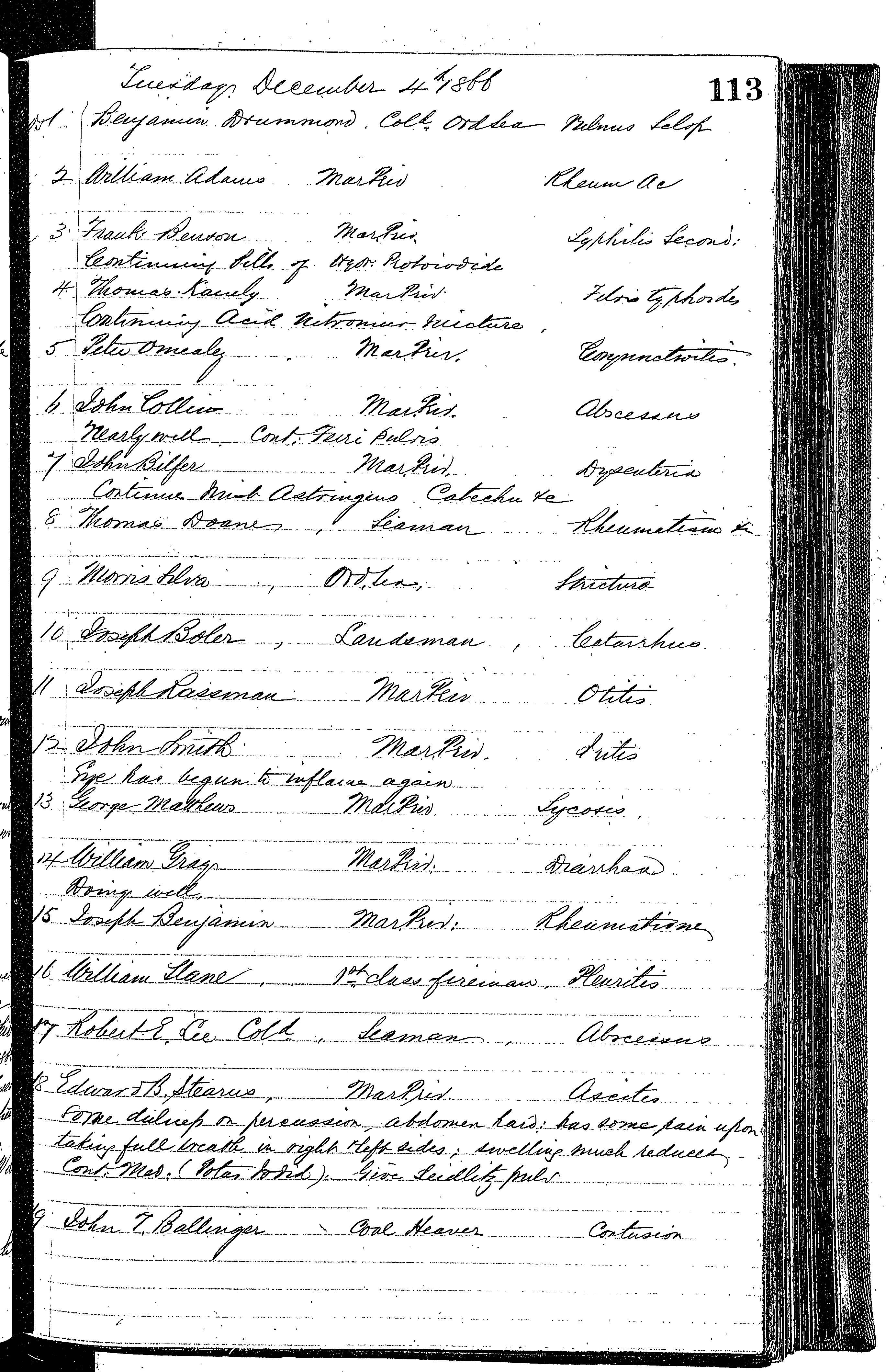 Patients in the Naval Hospital, Washington DC, on December 4, 1866, page 1 of 2, in the Medical Journal, October 1, 1866 to March 20, 1867