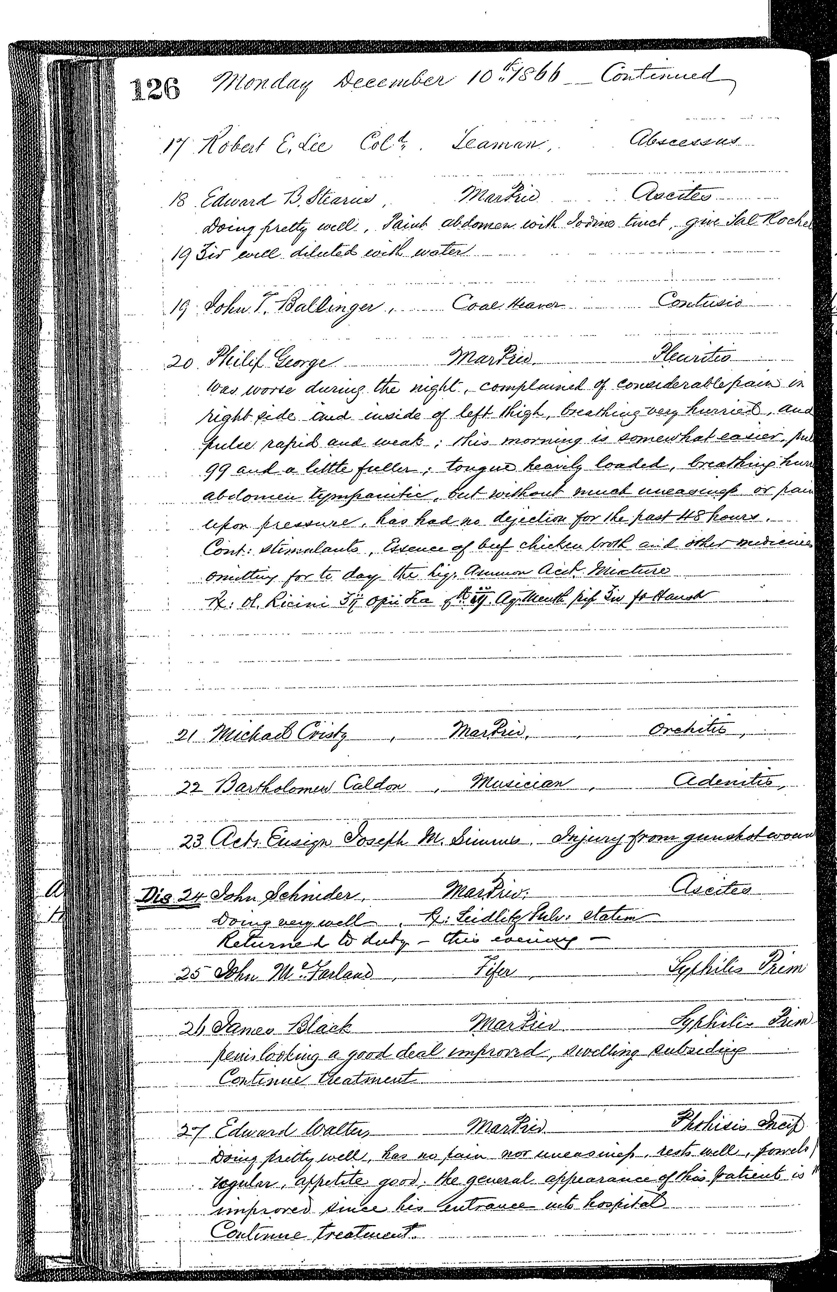 Patients in the Naval Hospital, Washington DC, on December 10, 1866, page 2 of 4, in the Medical Journal, October 1, 1866 to March 20, 1867