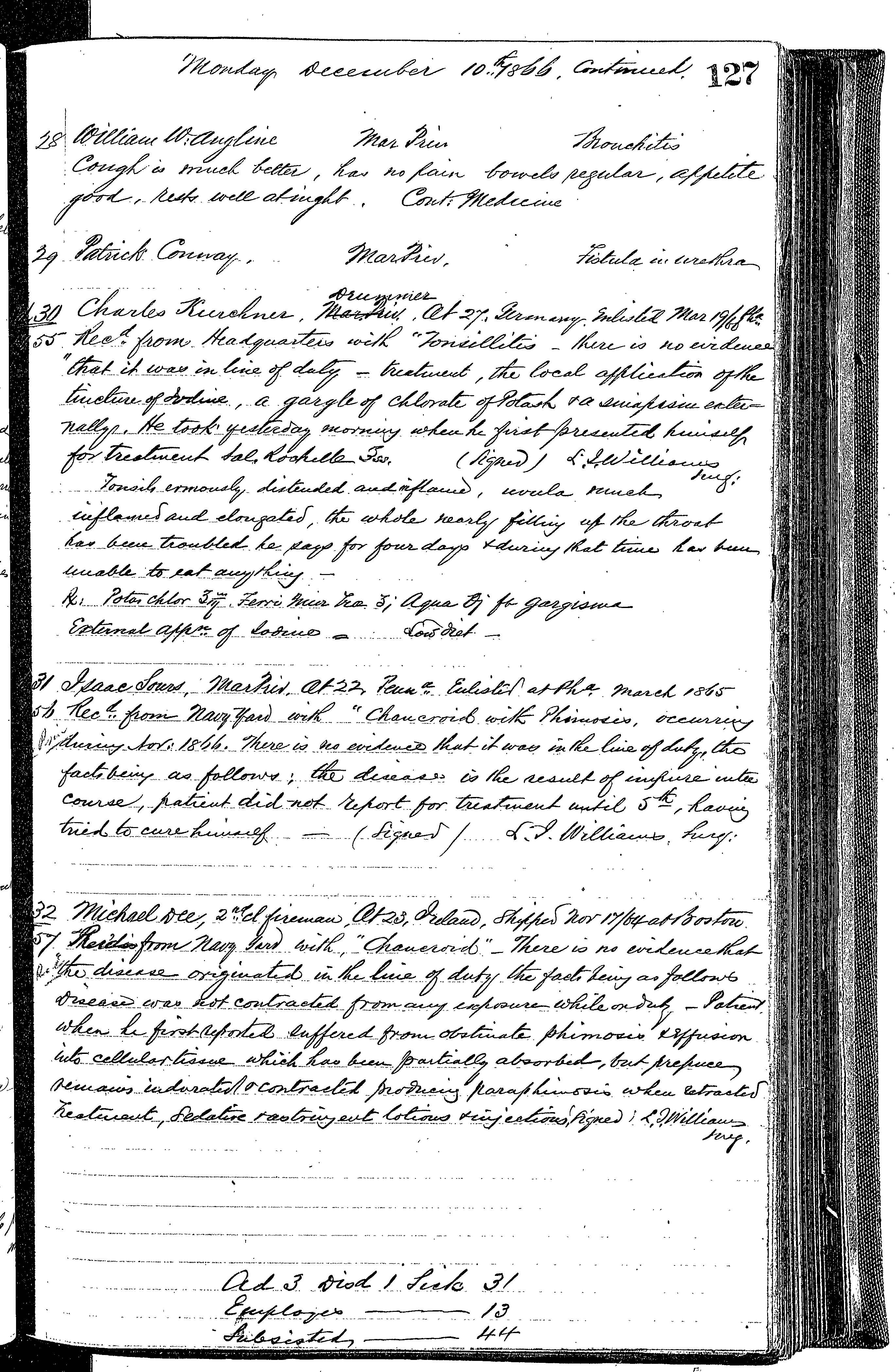 Patients in the Naval Hospital, Washington DC, on December 10, 1866, page 3 of 4, in the Medical Journal, October 1, 1866 to March 20, 1867