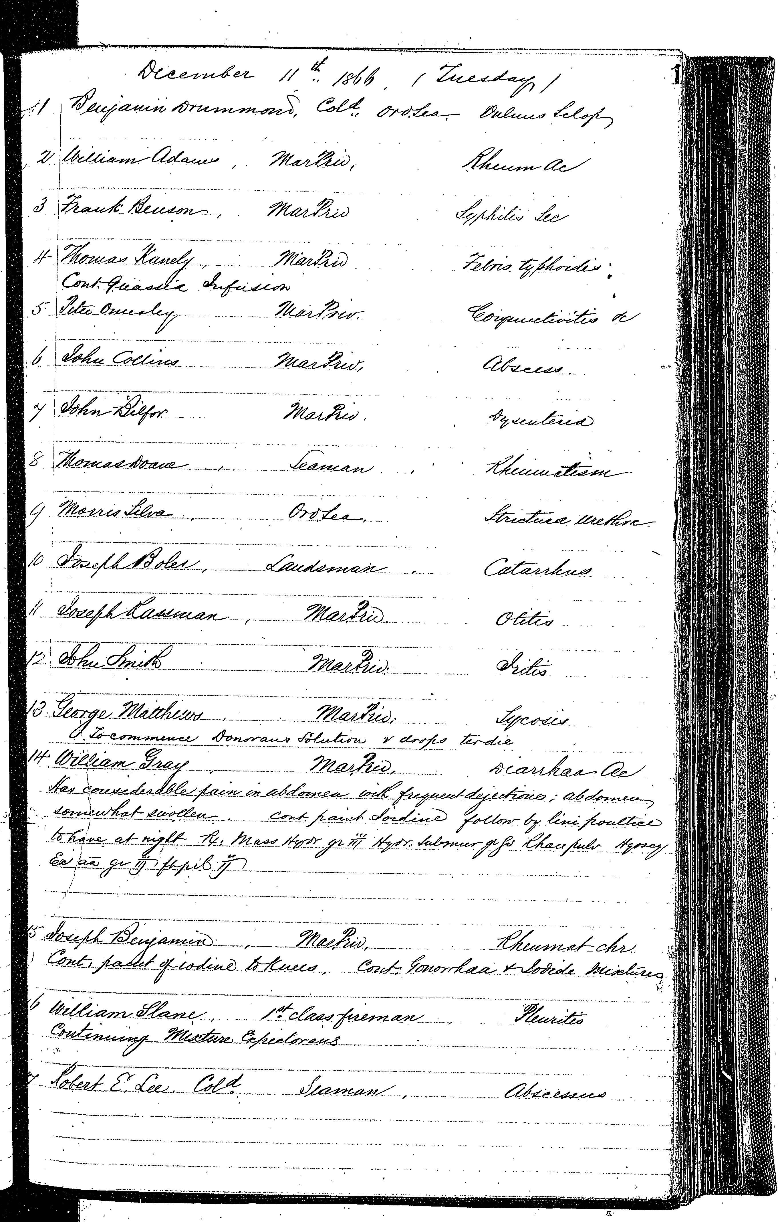 Patients in the Naval Hospital, Washington DC, on December 11, 1866, page 1 of 2, in the Medical Journal, October 1, 1866 to March 20, 1867