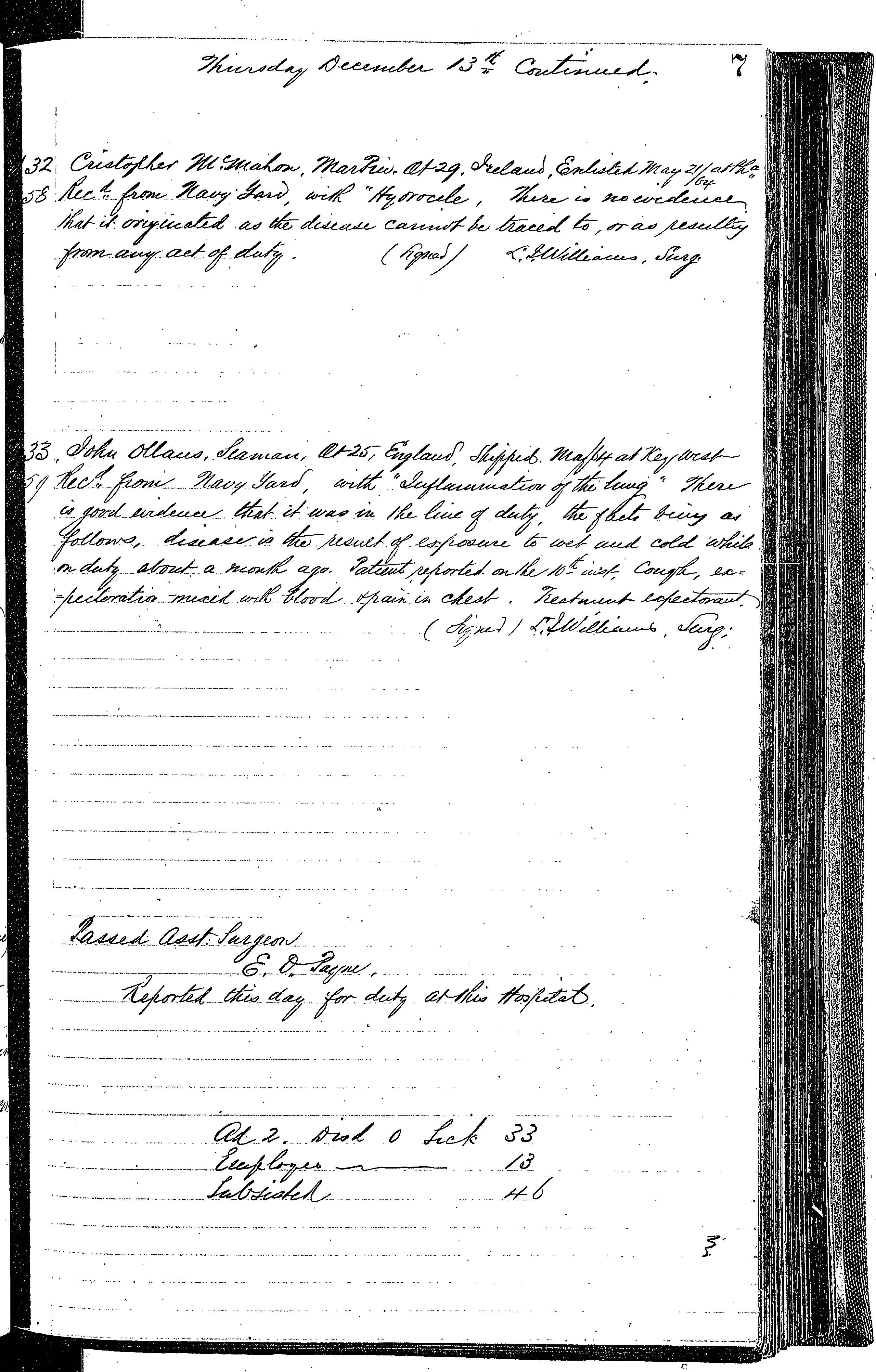 Patients in the Naval Hospital, Washington DC, on December 13, 1866, page 3 of 3, in the Medical Journal, October 1, 1866 to March 20, 1867