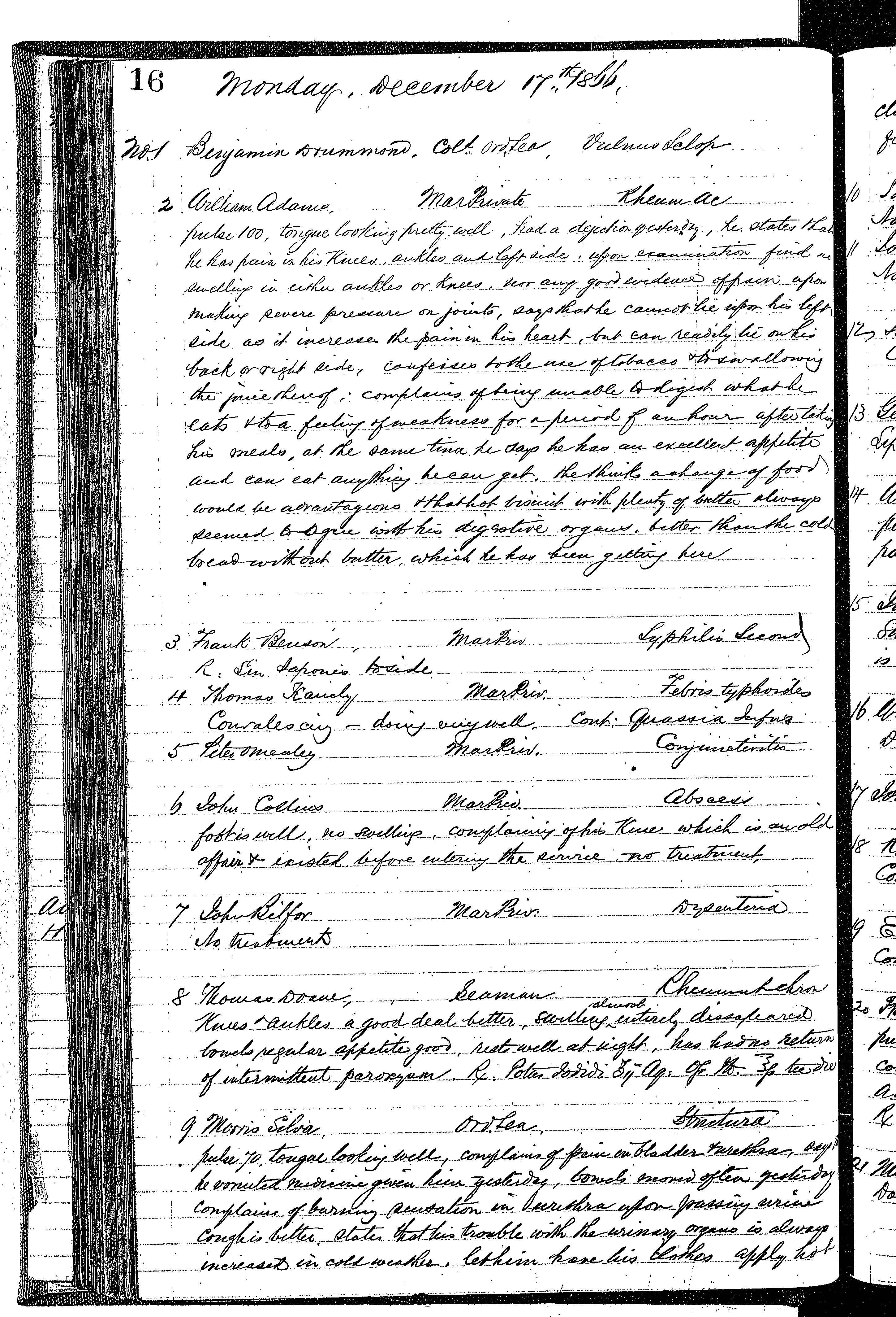 Patients in the Naval Hospital, Washington DC, on December 17, 1866, page 1 of 4, in the Medical Journal, October 1, 1866 to March 20, 1867