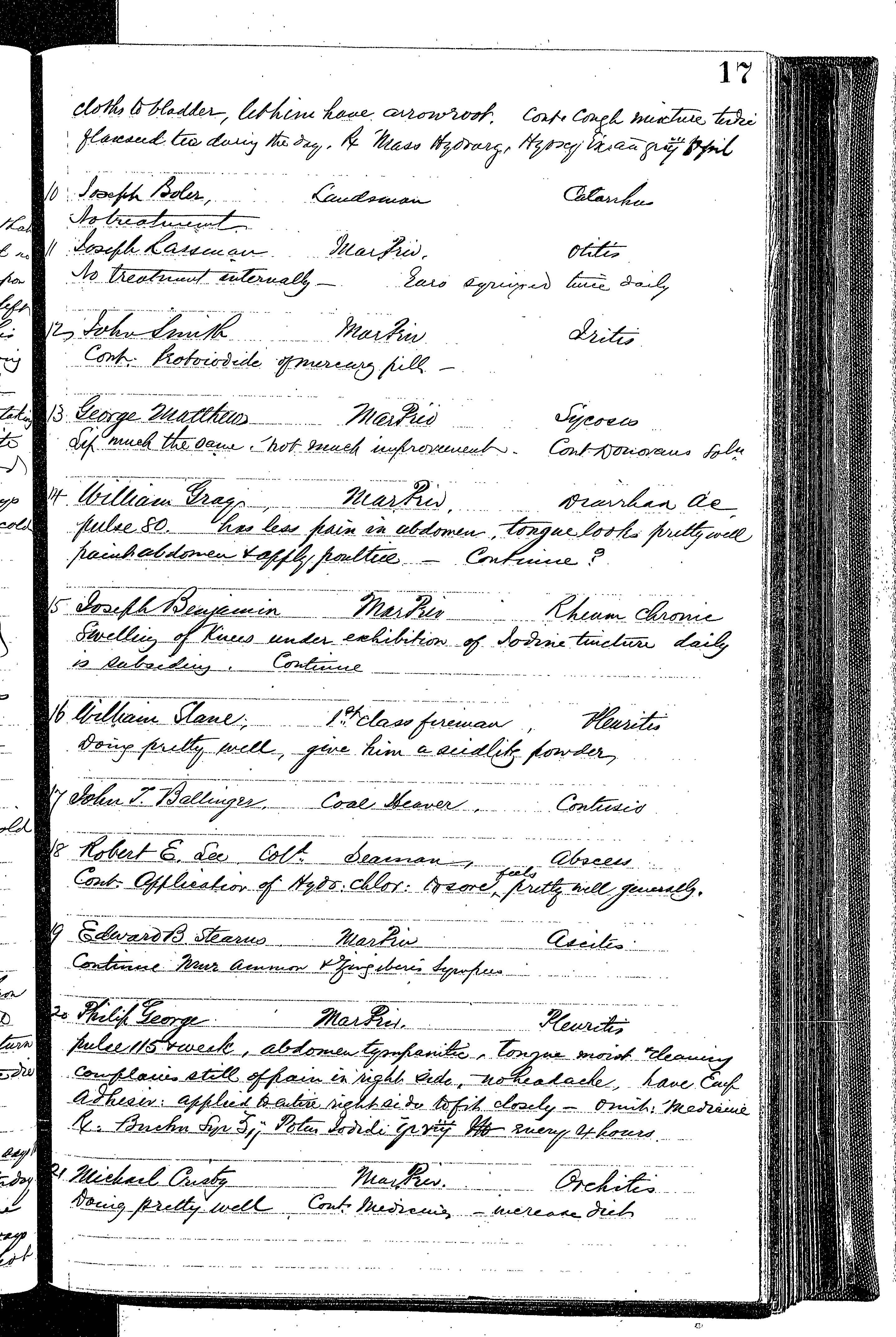 Patients in the Naval Hospital, Washington DC, on December 17, 1866, page 2 of 4, in the Medical Journal, October 1, 1866 to March 20, 1867