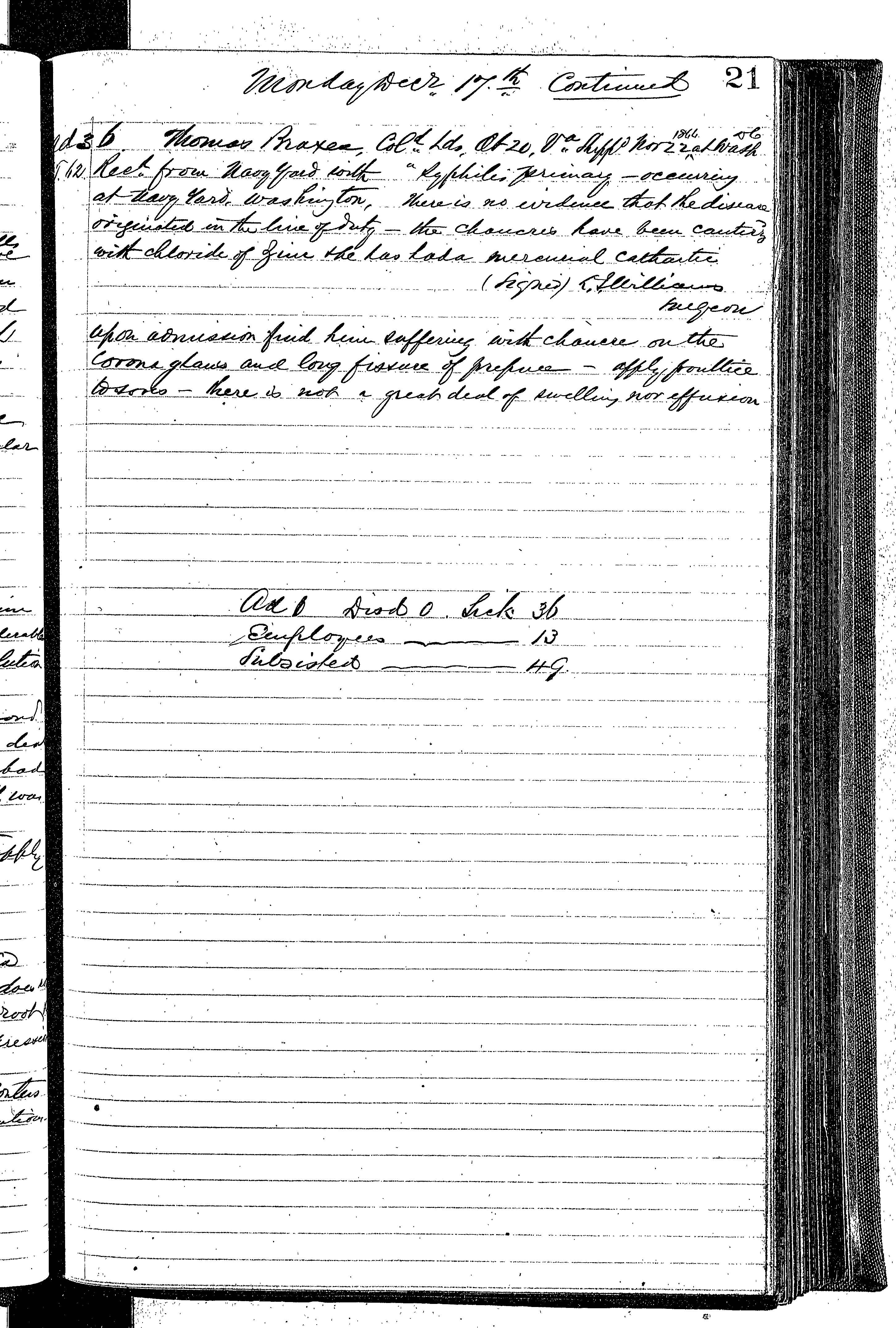 Patients in the Naval Hospital, Washington DC, on December 17, 1866, page 4 of 4, in the Medical Journal, October 1, 1866 to March 20, 1867