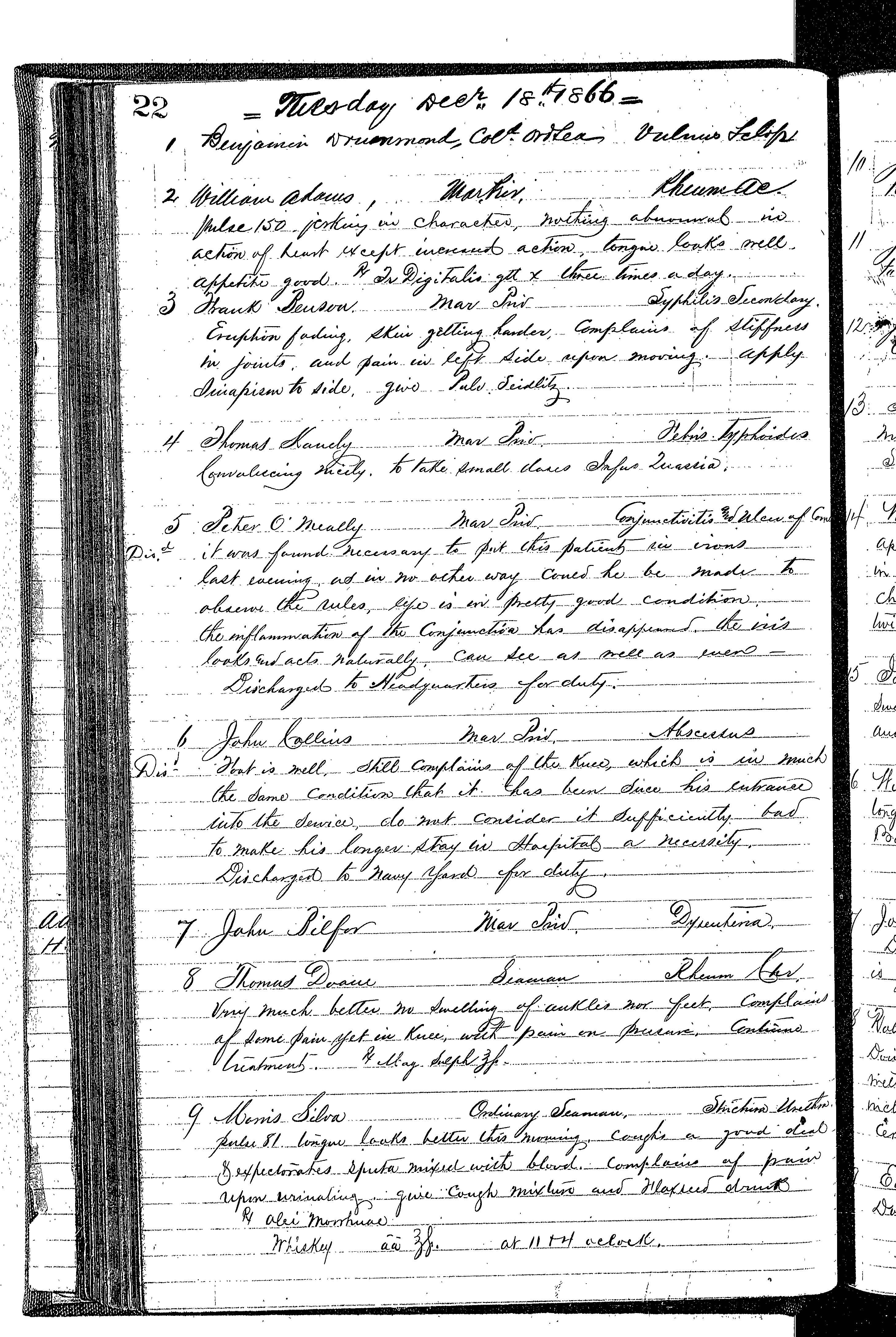 Patients in the Naval Hospital, Washington DC, on December 18, 1866, page 1 of 5, in the Medical Journal, October 1, 1866 to March 20, 1867