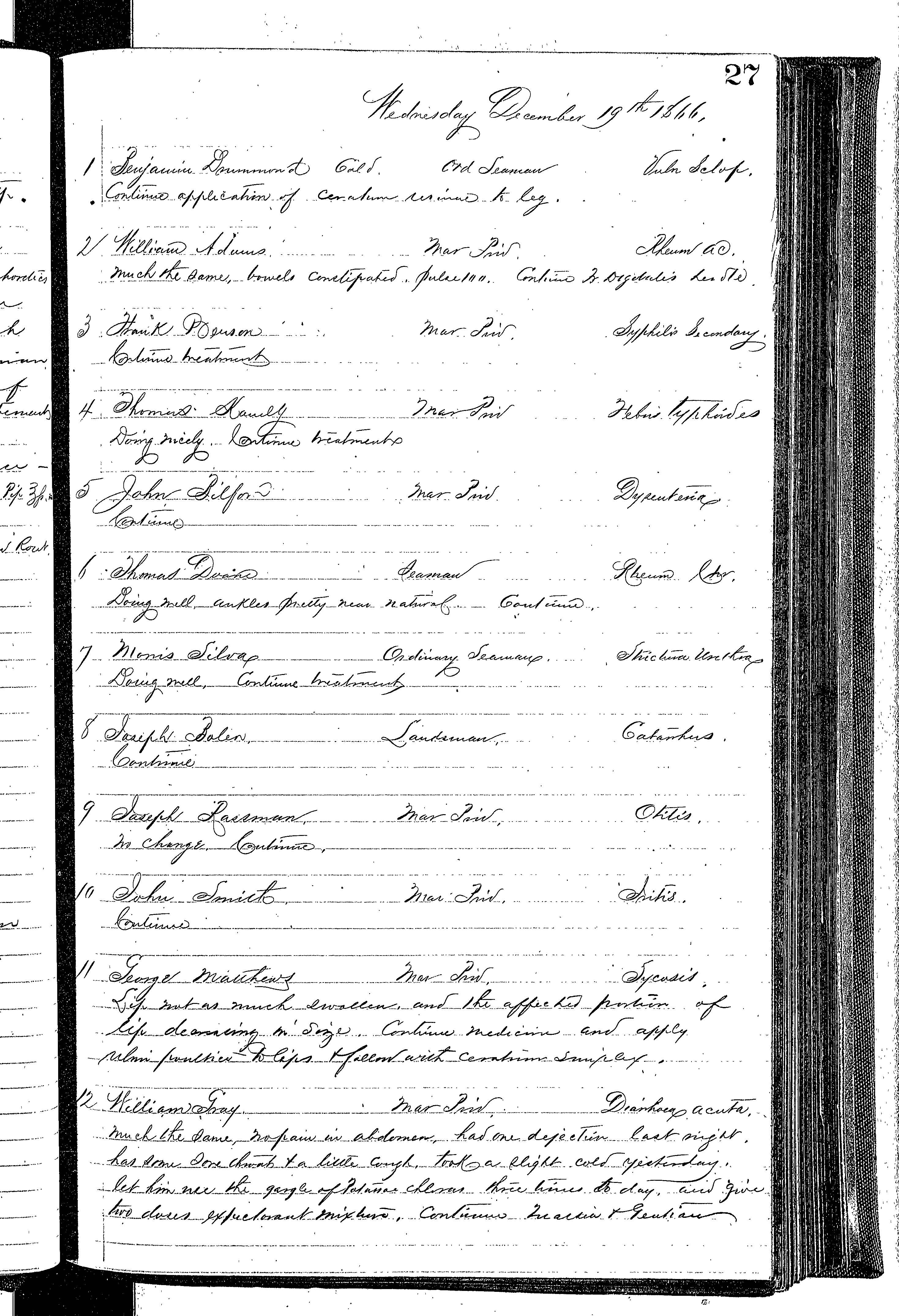 Patients in the Naval Hospital, Washington DC, on December 19, 1866, page 1 of 4, in the Medical Journal, October 1, 1866 to March 20, 1867