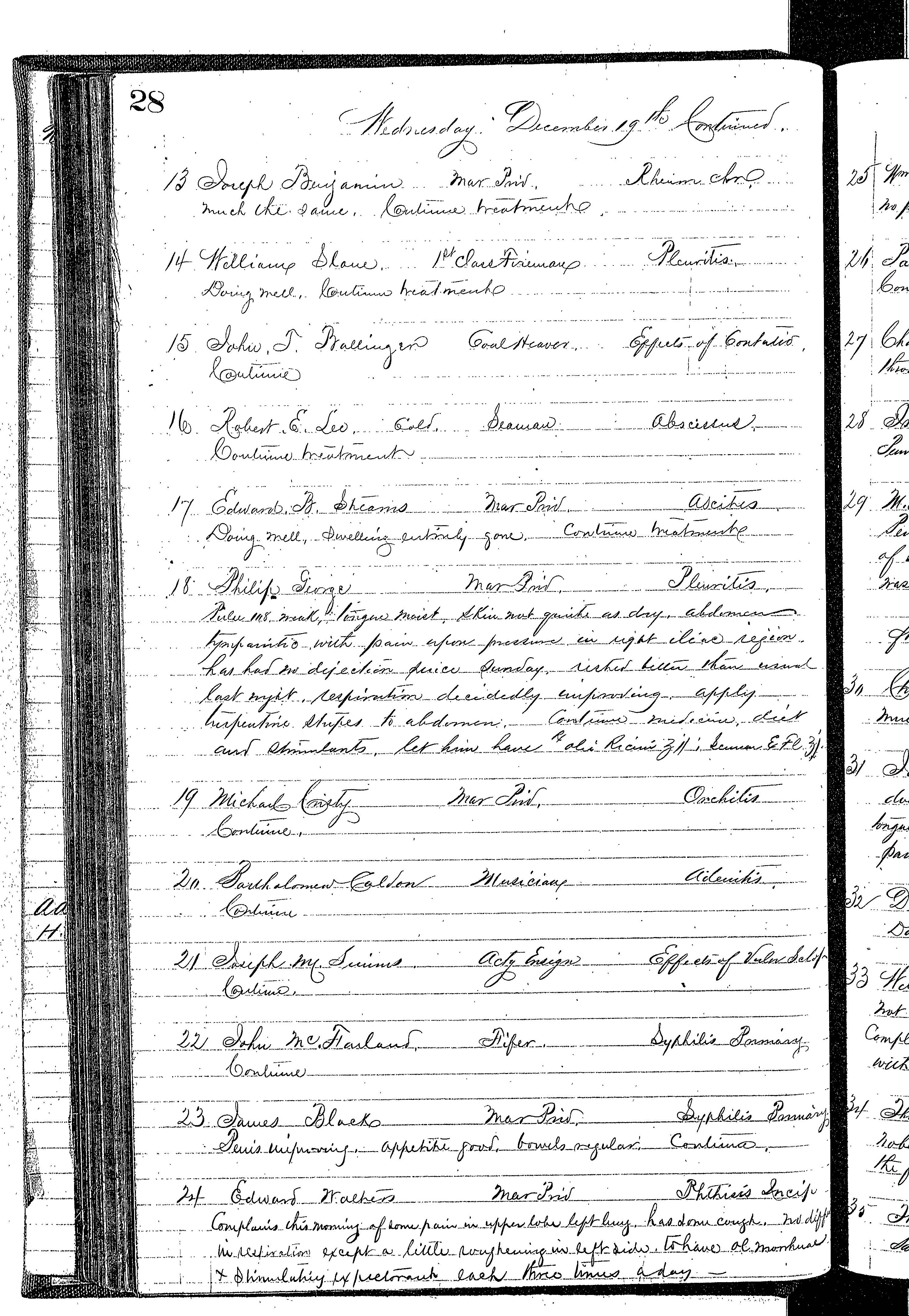 Patients in the Naval Hospital, Washington DC, on December 19, 1866, page 2 of 4, in the Medical Journal, October 1, 1866 to March 20, 1867