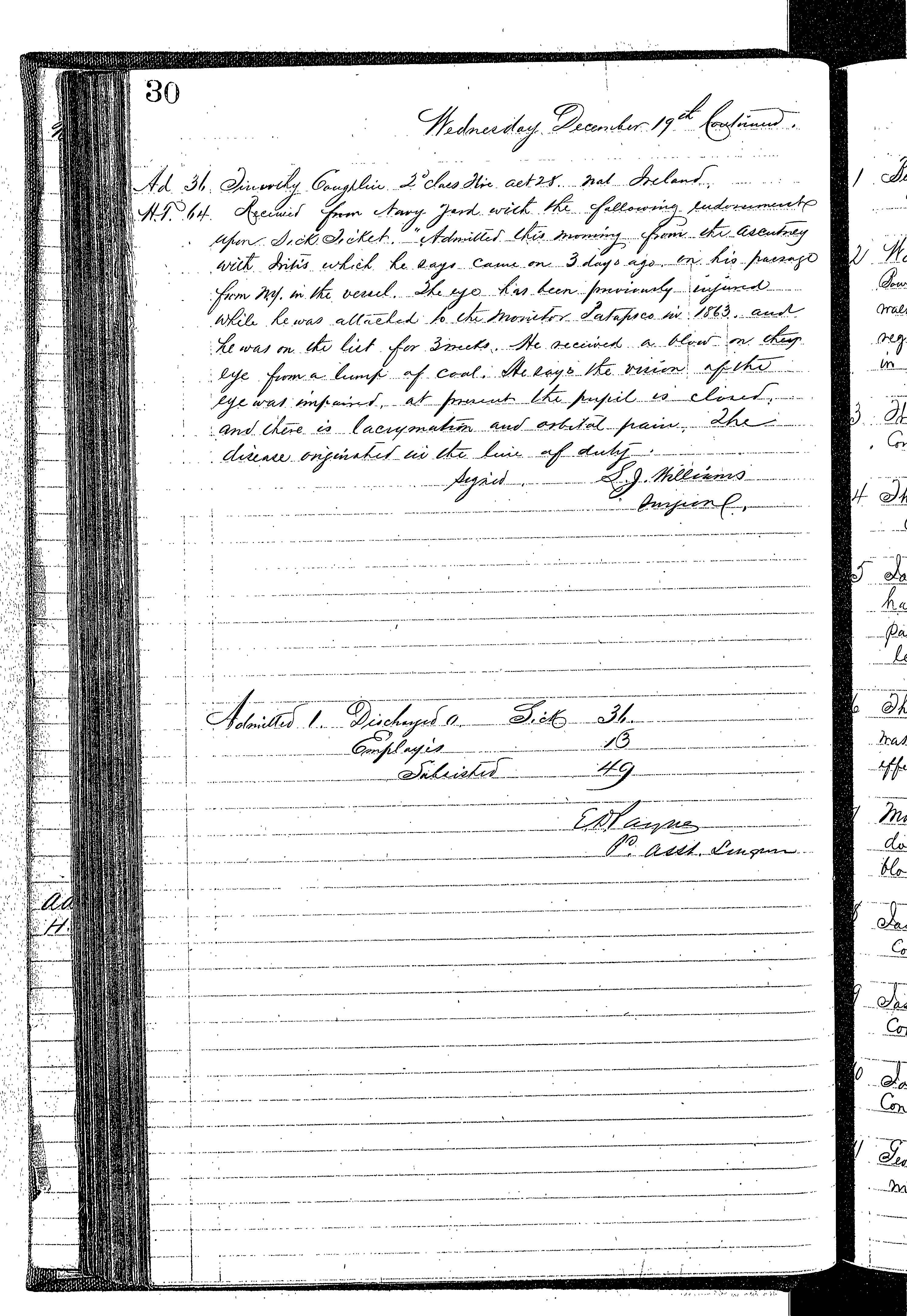 Patients in the Naval Hospital, Washington DC, on December 19, 1866, page 4 of 4, in the Medical Journal, October 1, 1866 to March 20, 1867