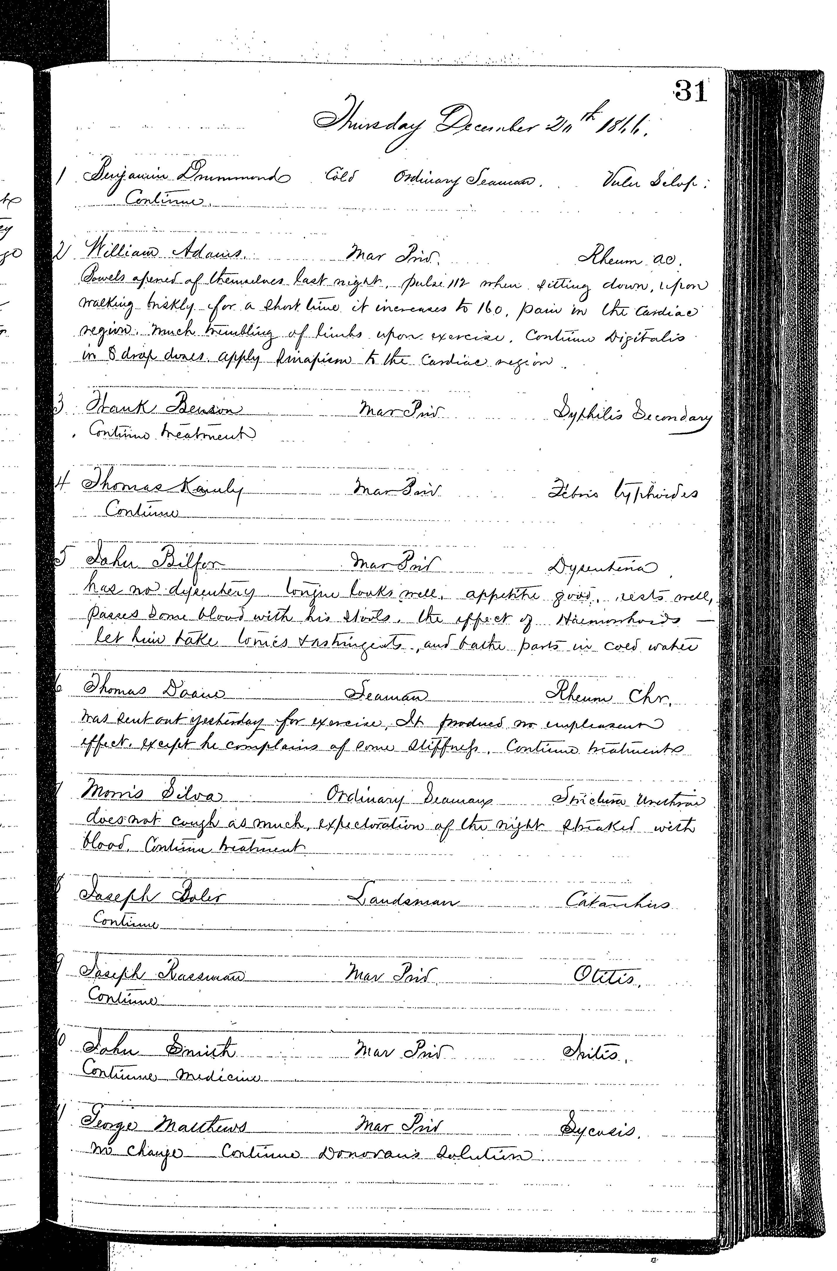 Patients in the Naval Hospital, Washington DC, on December 20, 1866, page 1 of 4, in the Medical Journal, October 1, 1866 to March 20, 1867