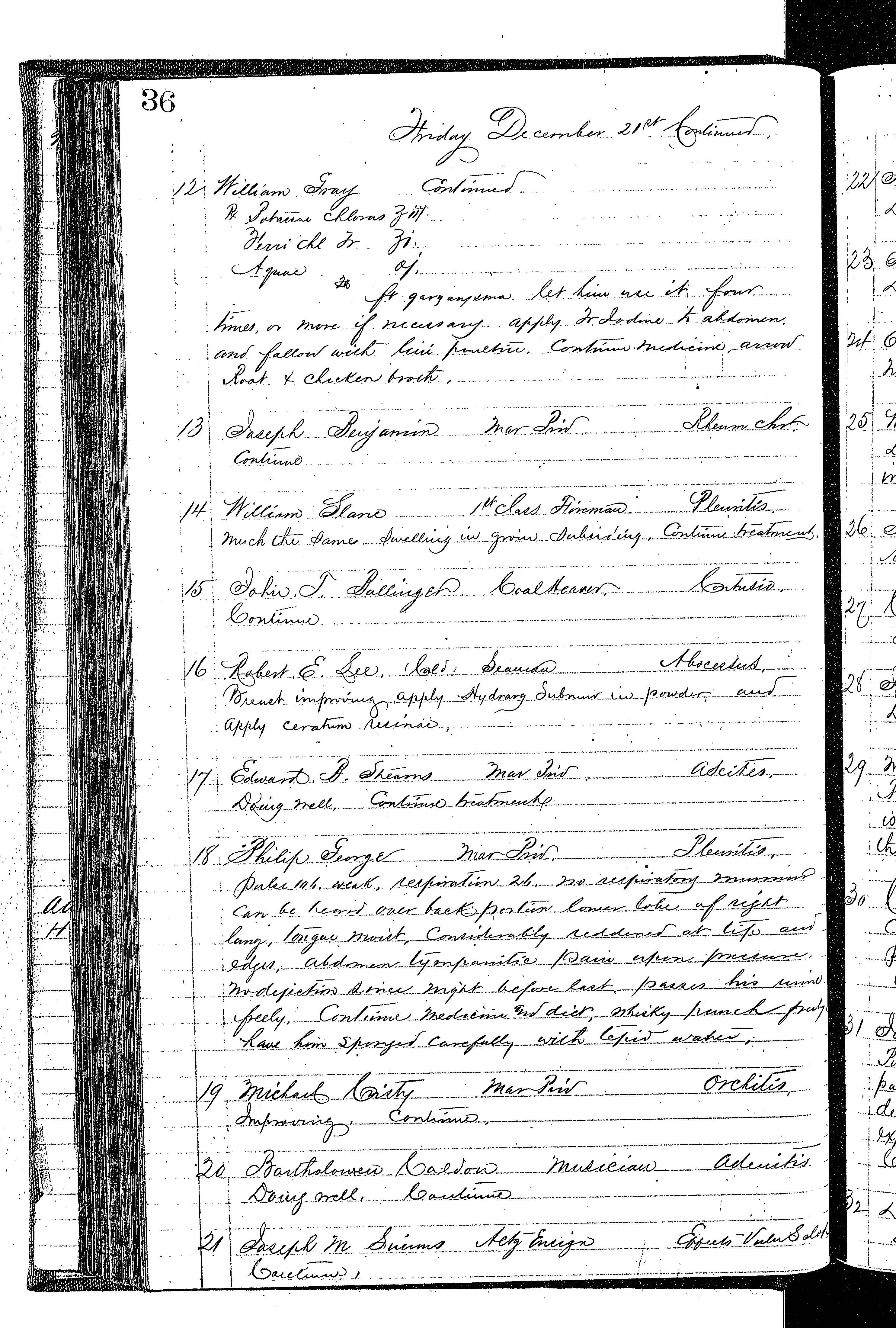 Patients in the Naval Hospital, Washington DC, on December 21, 1866, page 2 of 4, in the Medical Journal, October 1, 1866 to March 20, 1867