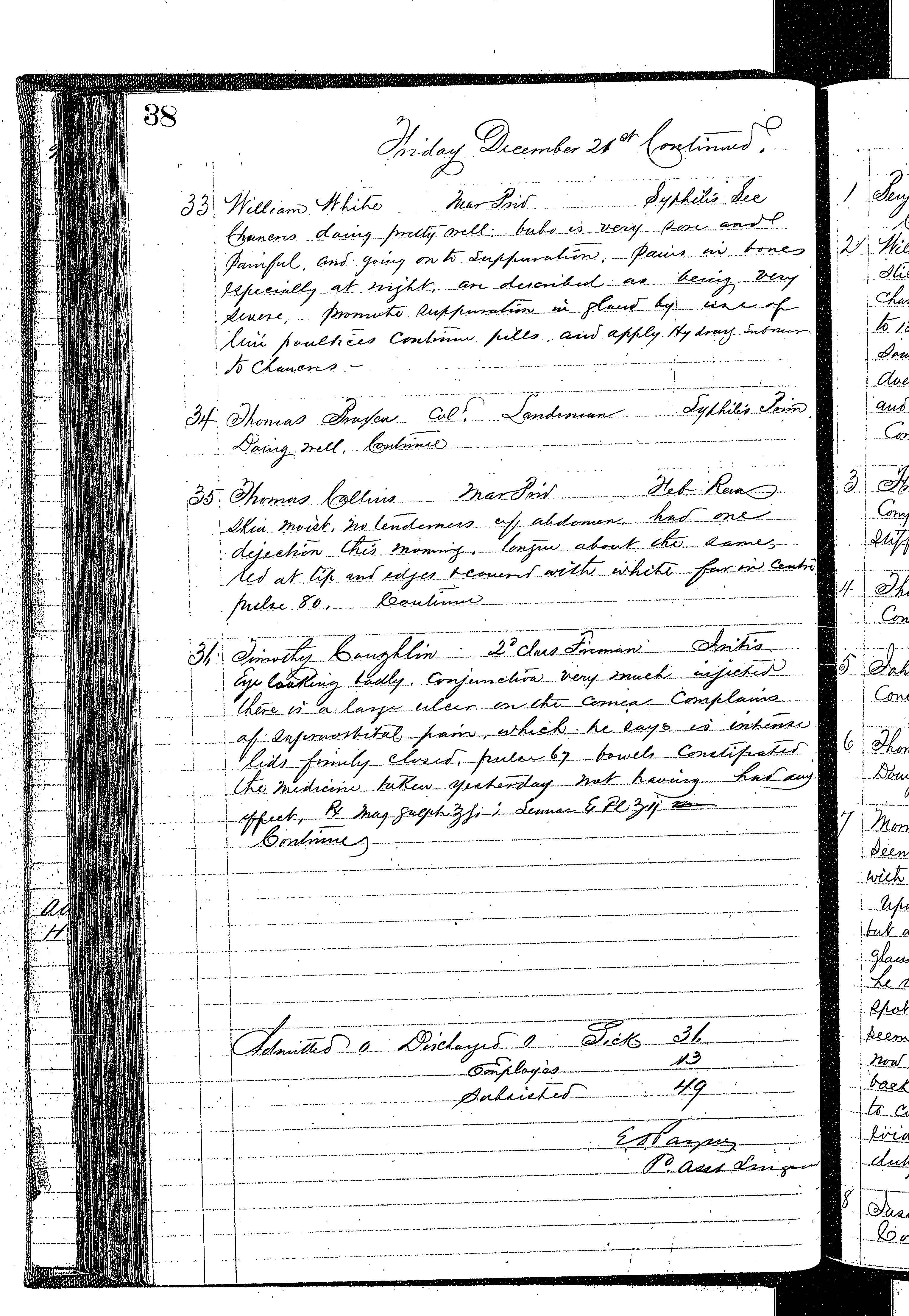 Patients in the Naval Hospital, Washington DC, on December 21, 1866, page 4 of 4, in the Medical Journal, October 1, 1866 to March 20, 1867