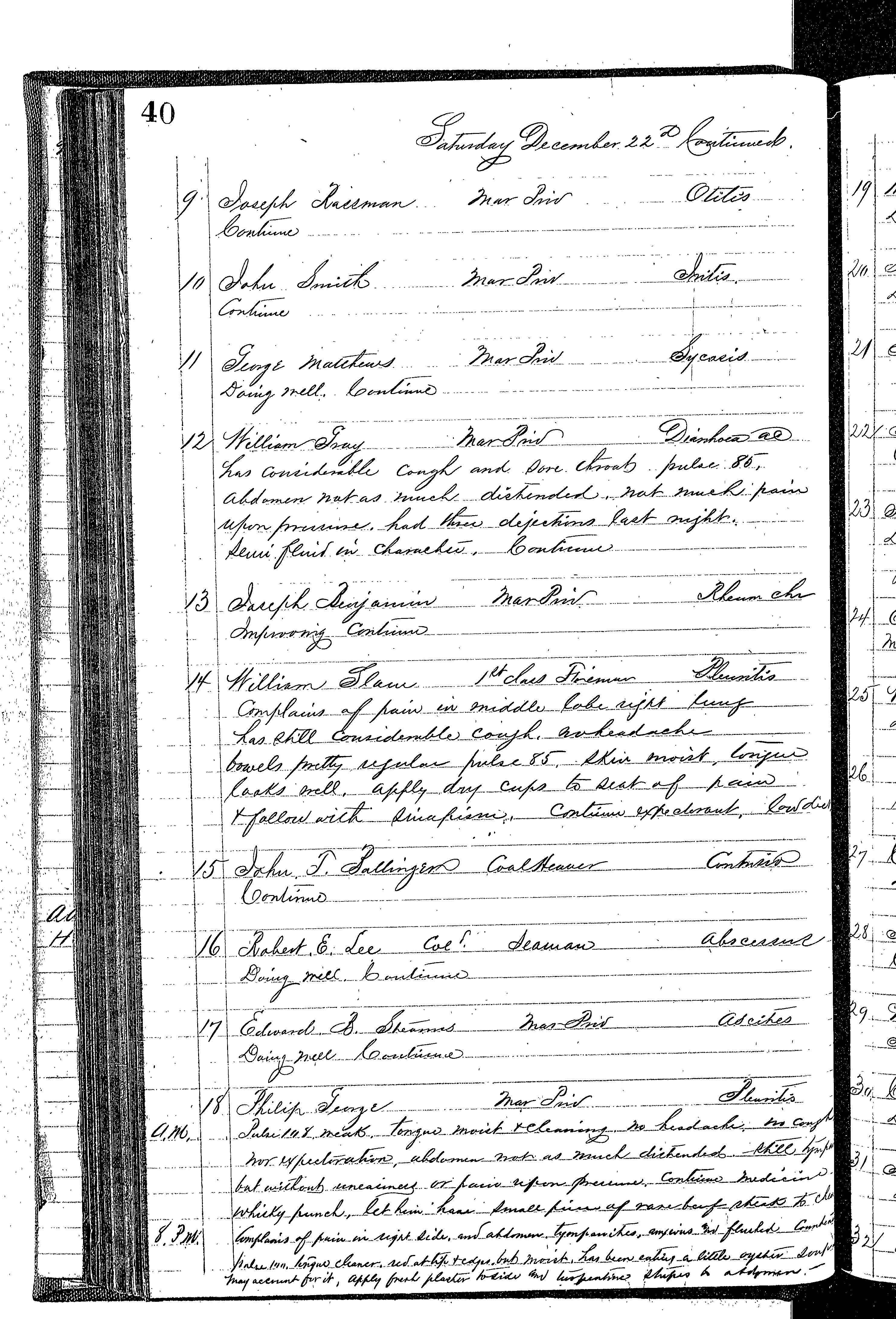 Patients in the Naval Hospital, Washington DC, on December 22, 1866, page 2 of 4, in the Medical Journal, October 1, 1866 to March 20, 1867