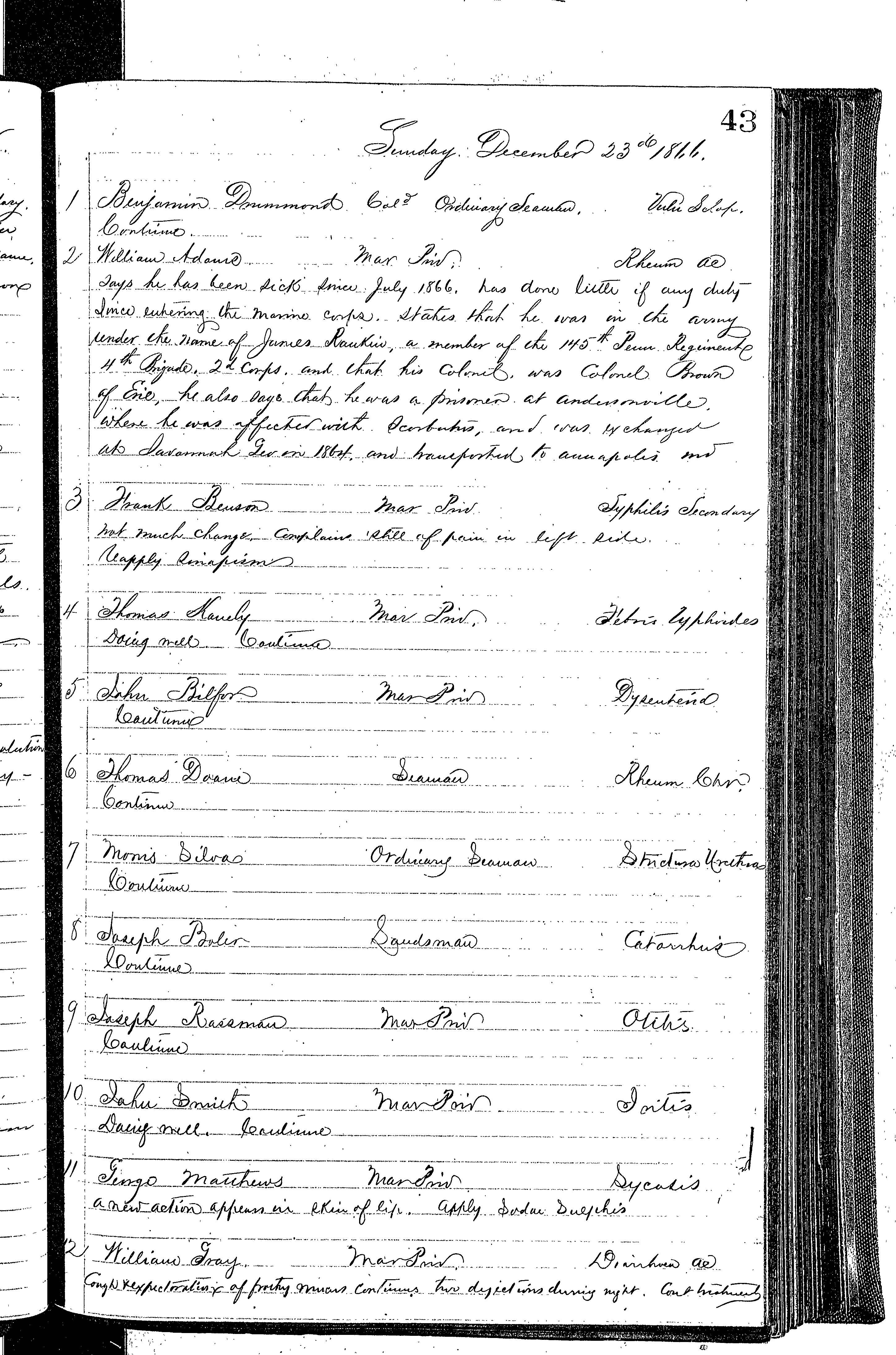 Patients in the Naval Hospital, Washington DC, on December 23, 1866, page 1 of 4, in the Medical Journal, October 1, 1866 to March 20, 1867