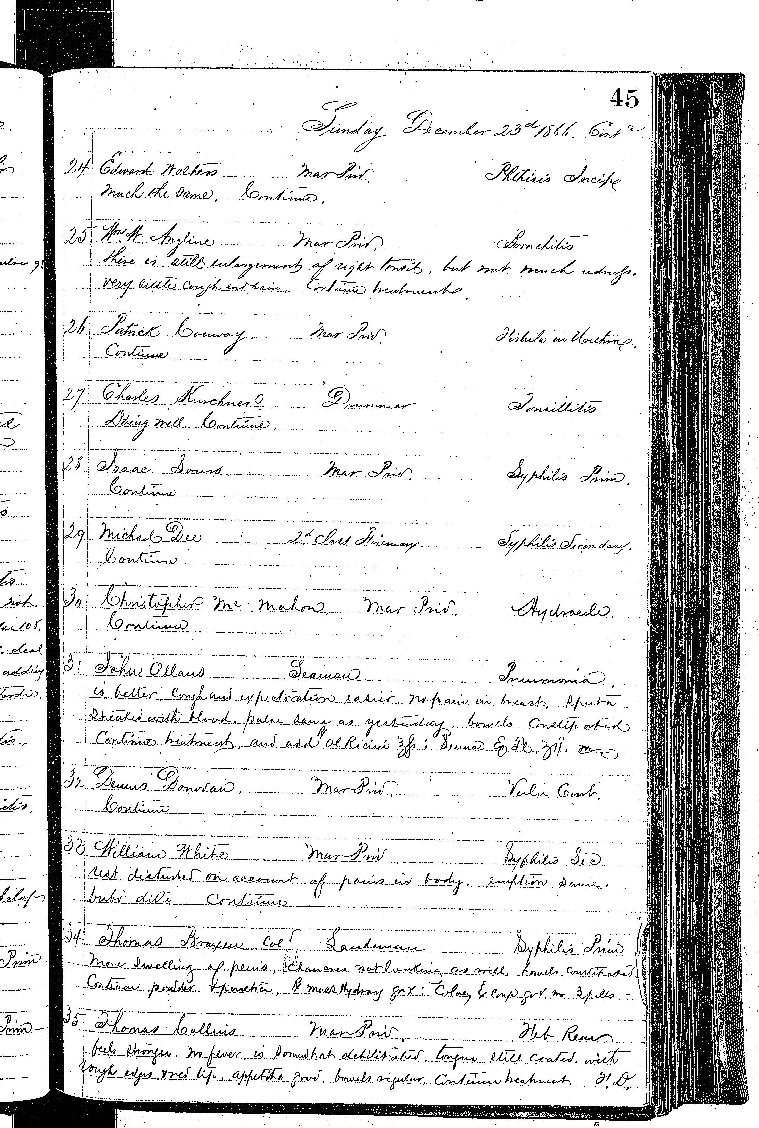 Patients in the Naval Hospital, Washington DC, on December 23, 1866, page 3 of 4, in the Medical Journal, October 1, 1866 to March 20, 1867