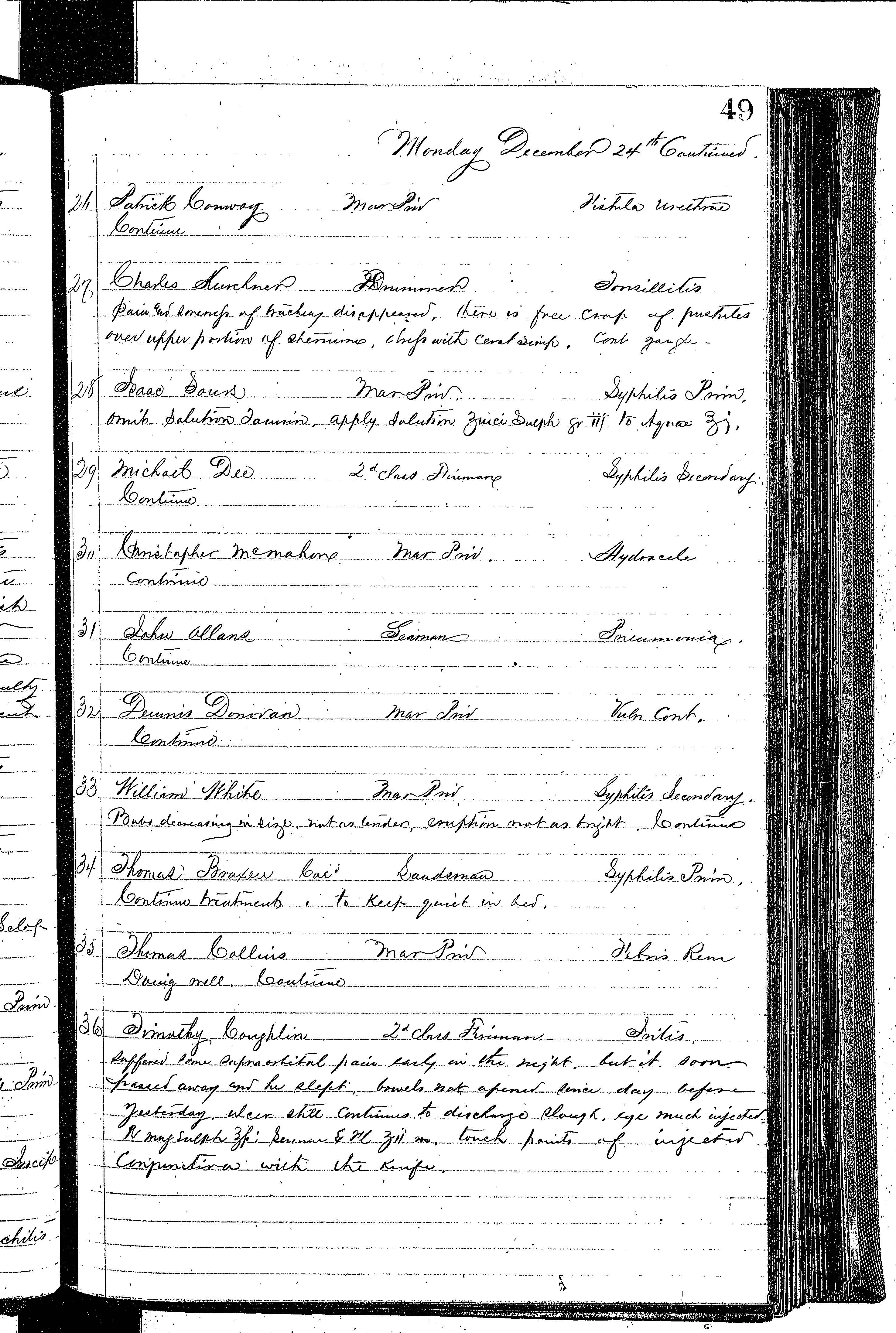 Patients in the Naval Hospital, Washington DC, on December 24, 1866, page 3 of 4, in the Medical Journal, October 1, 1866 to March 20, 1867